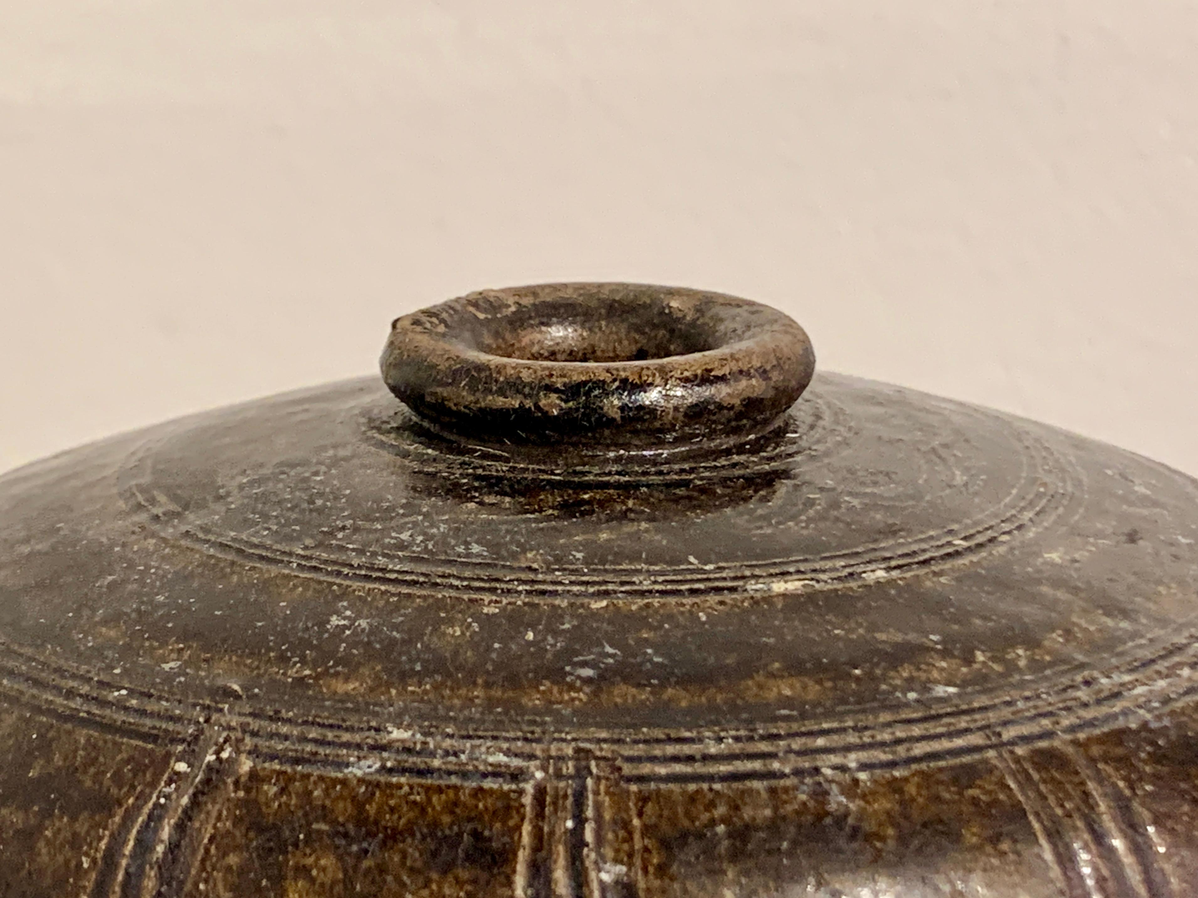 18th Century and Earlier Khmer Brown Glazed Lidded Stoneware Pot, 12th - 14th Century, Cambodia For Sale