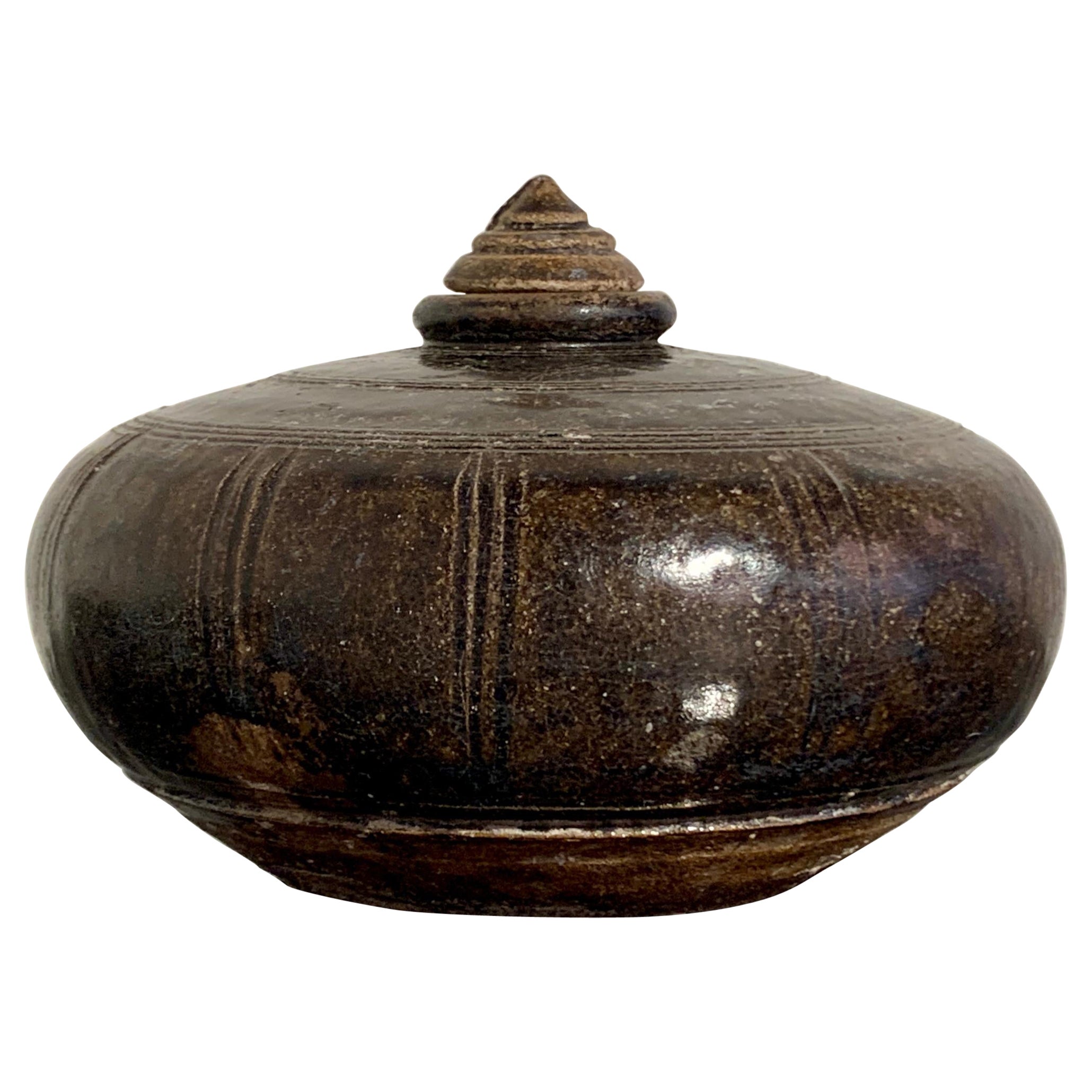 Khmer Brown Glazed Lidded Stoneware Pot, 12th - 14th Century, Cambodia