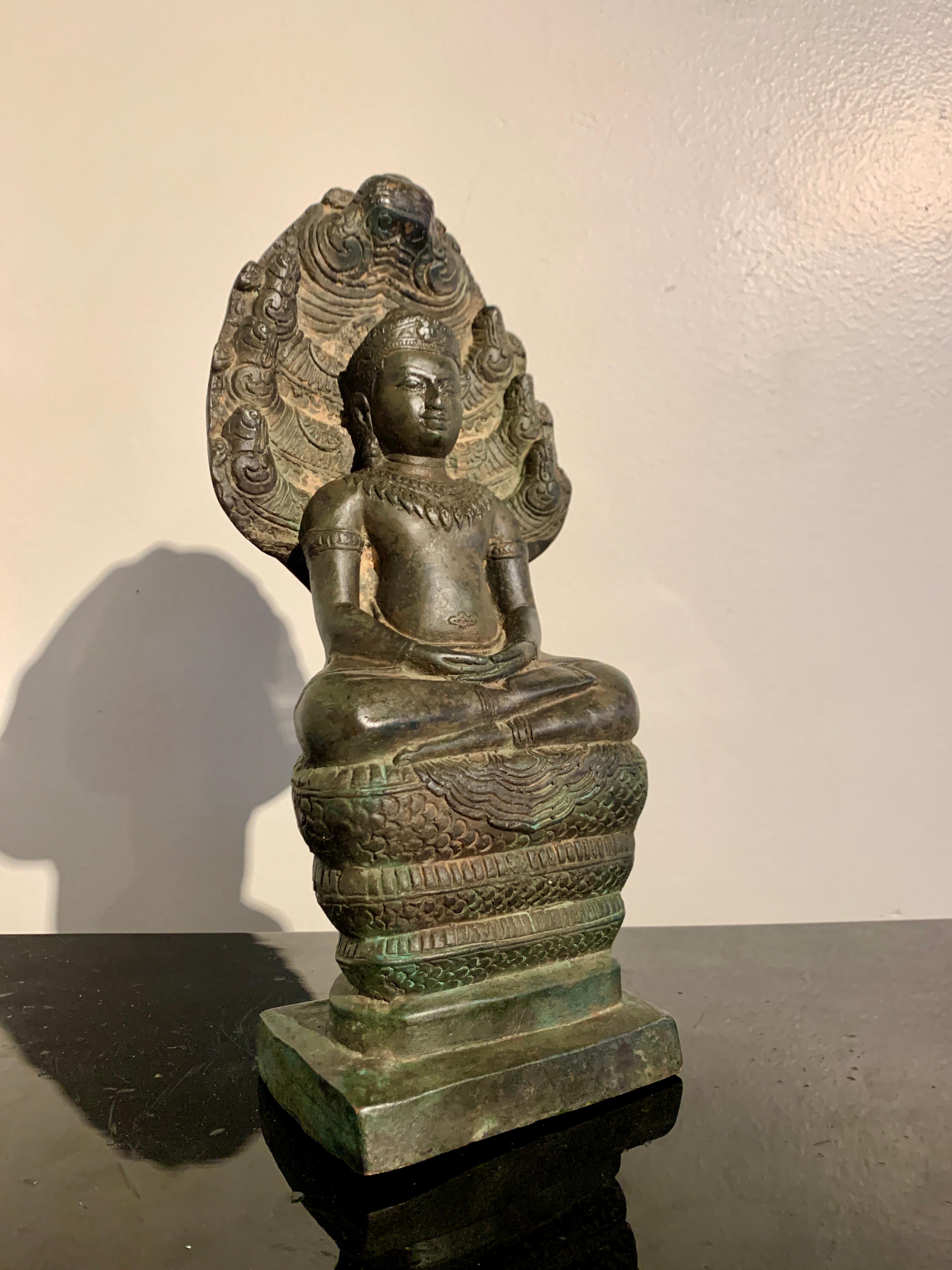 Khmer Cast Bronze Buddha Sheltered by Naga, 19th Century, Cambodia  For Sale 3