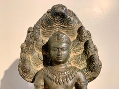 Khmer Cast Bronze Buddha Sheltered by Naga, 19th Century, Cambodia