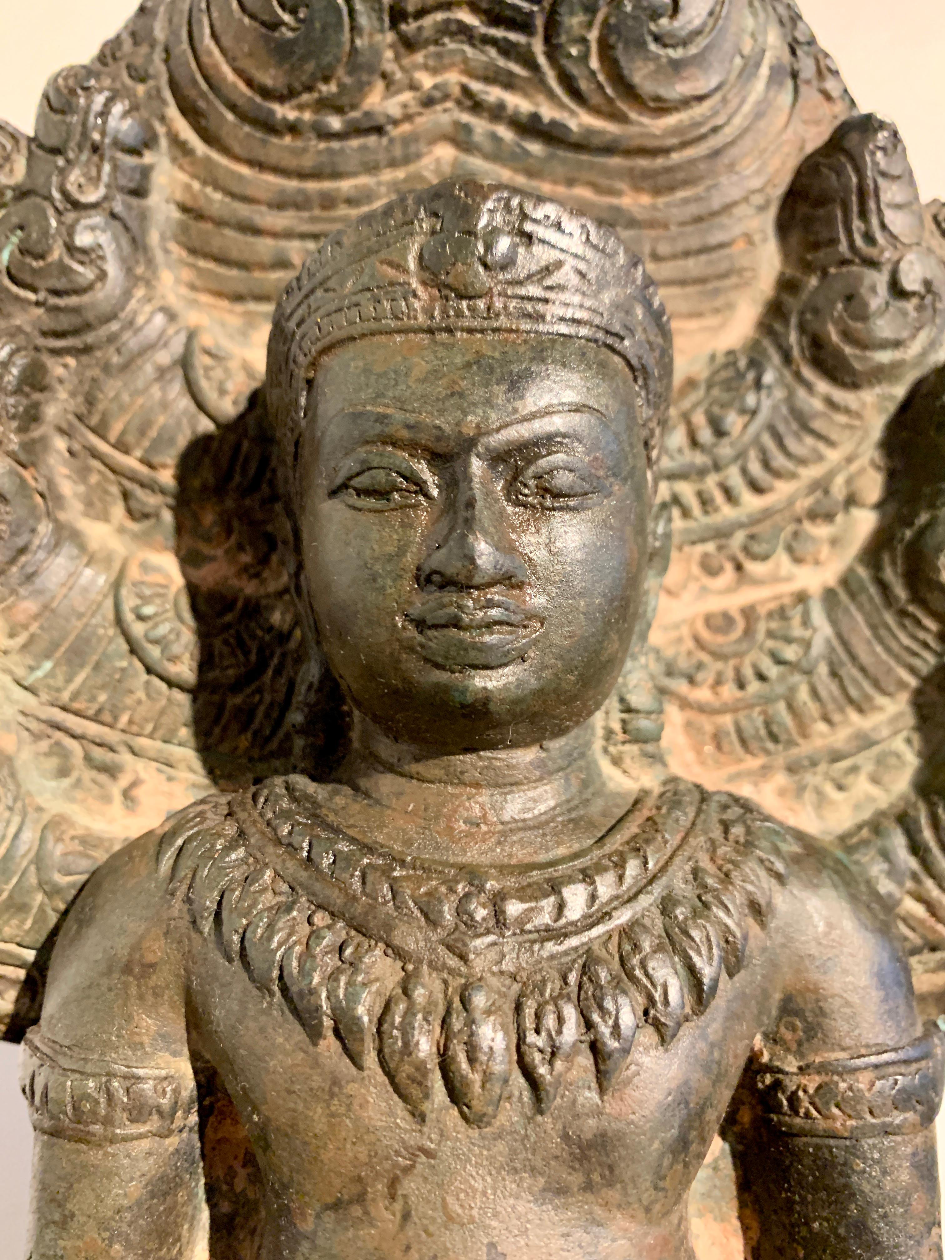 Cambodian Khmer Cast Bronze Buddha Sheltered by Naga, 19th Century, Cambodia  For Sale