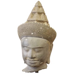 Tête d'Empire cambodgien de la Divinité Sculpture en pierre de sable