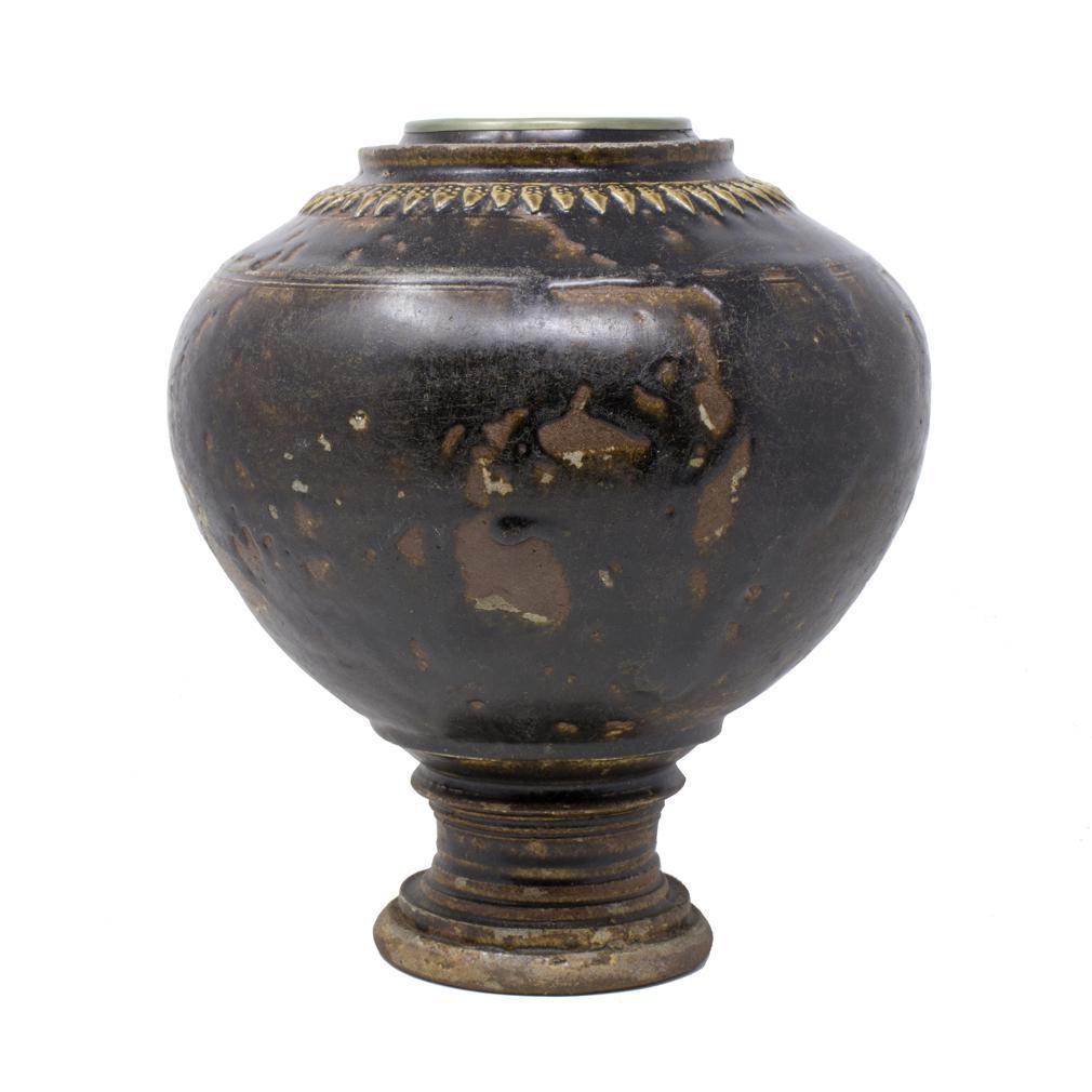 Ceramic Khmer Pedestal Jar, 12th century For Sale