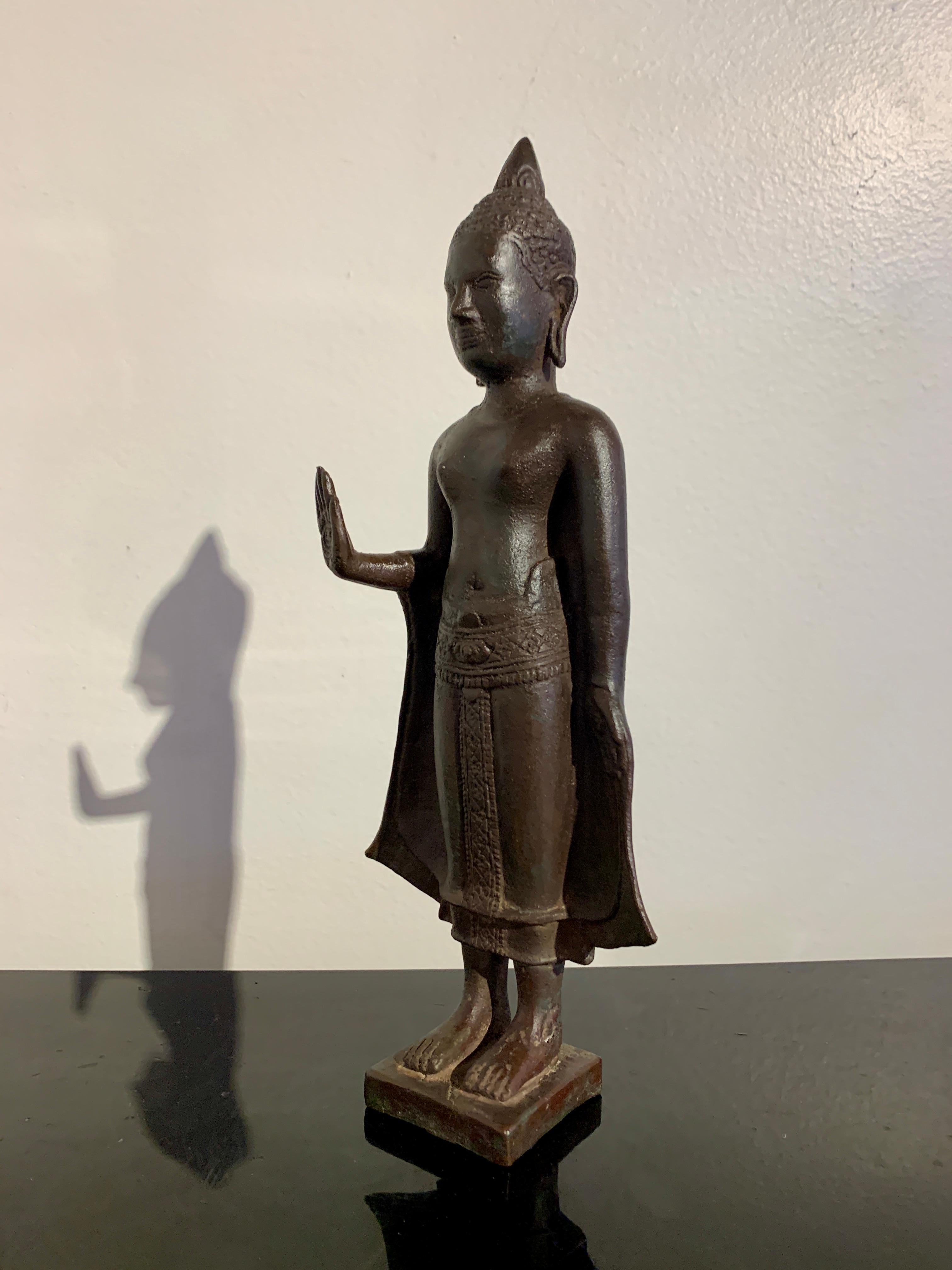 Cast Khmer Style Bronze Figure of a Standing Buddha, Mid-20th Century, Thailand For Sale