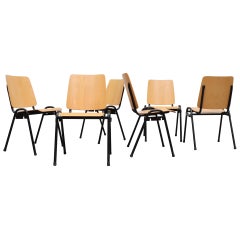Kho Liang Ie Attributed Blonde Plywood and Tubular Metal Stacking Chairs