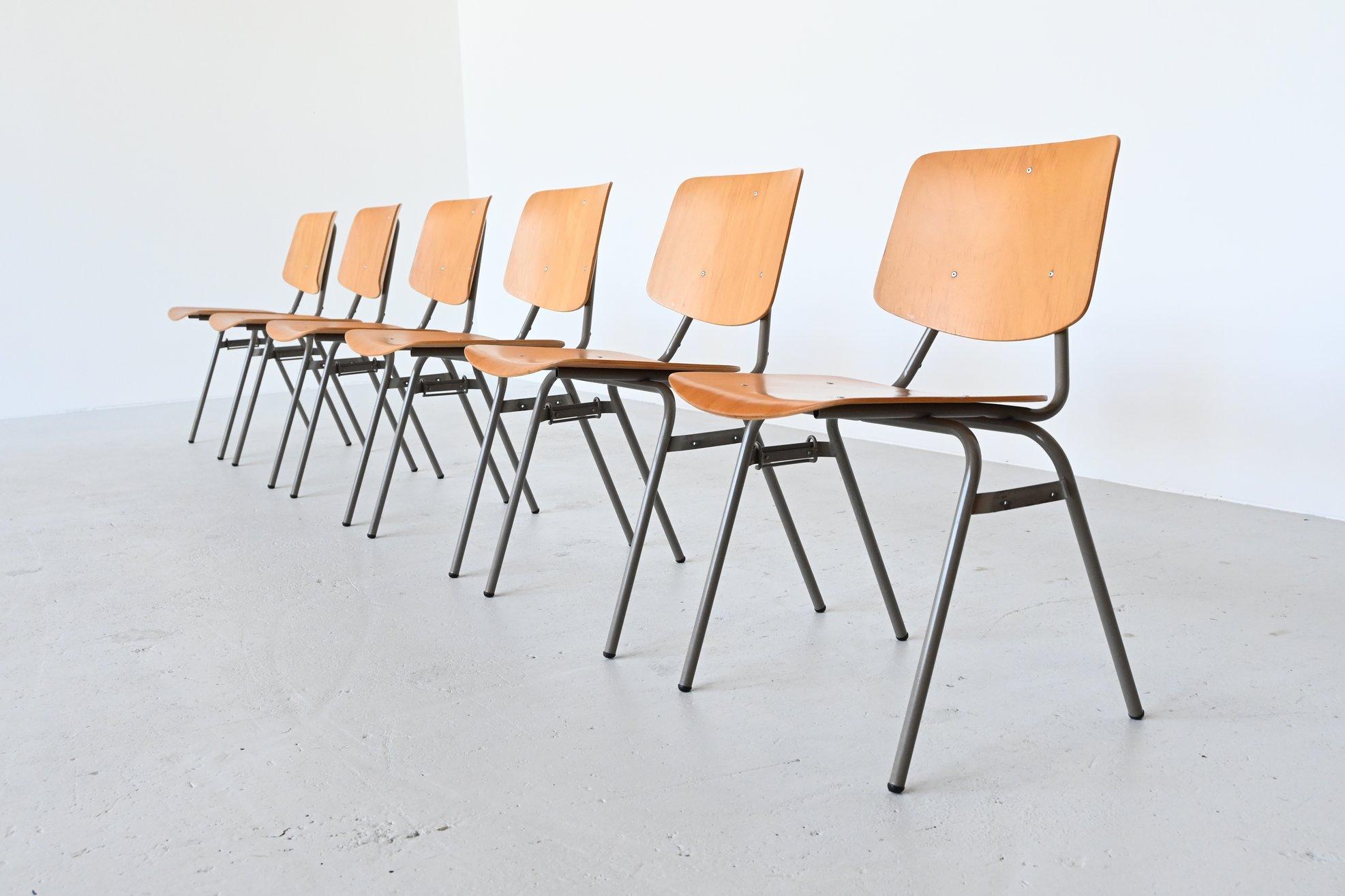 Very nice stacking chairs model 305 designed by Kho Liang Ie and manufactured by CAR Katwijk, The Netherlands, 1957. This Industrial chair was designed by Kho Liang Ie to compete with other chairs from the same period. They were cheap to produce and