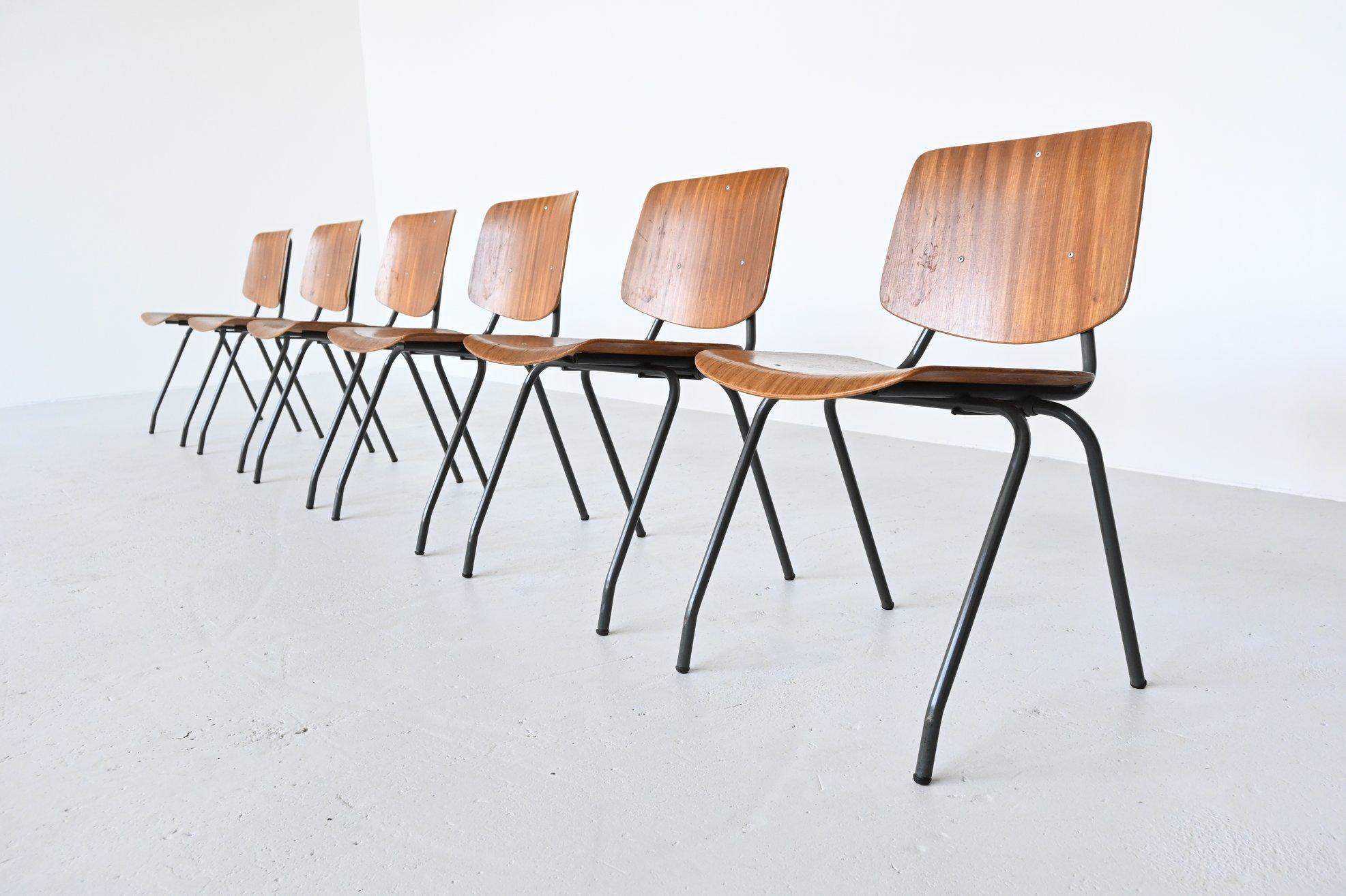 Very nice stacking chairs model 305 designed by Kho Liang Ie and manufactured by Car Katwijk, The Netherlands, 1957. This industrial chair was designed by Kho Liang Ie to compete with other chairs from the same period. They were cheap to produce and