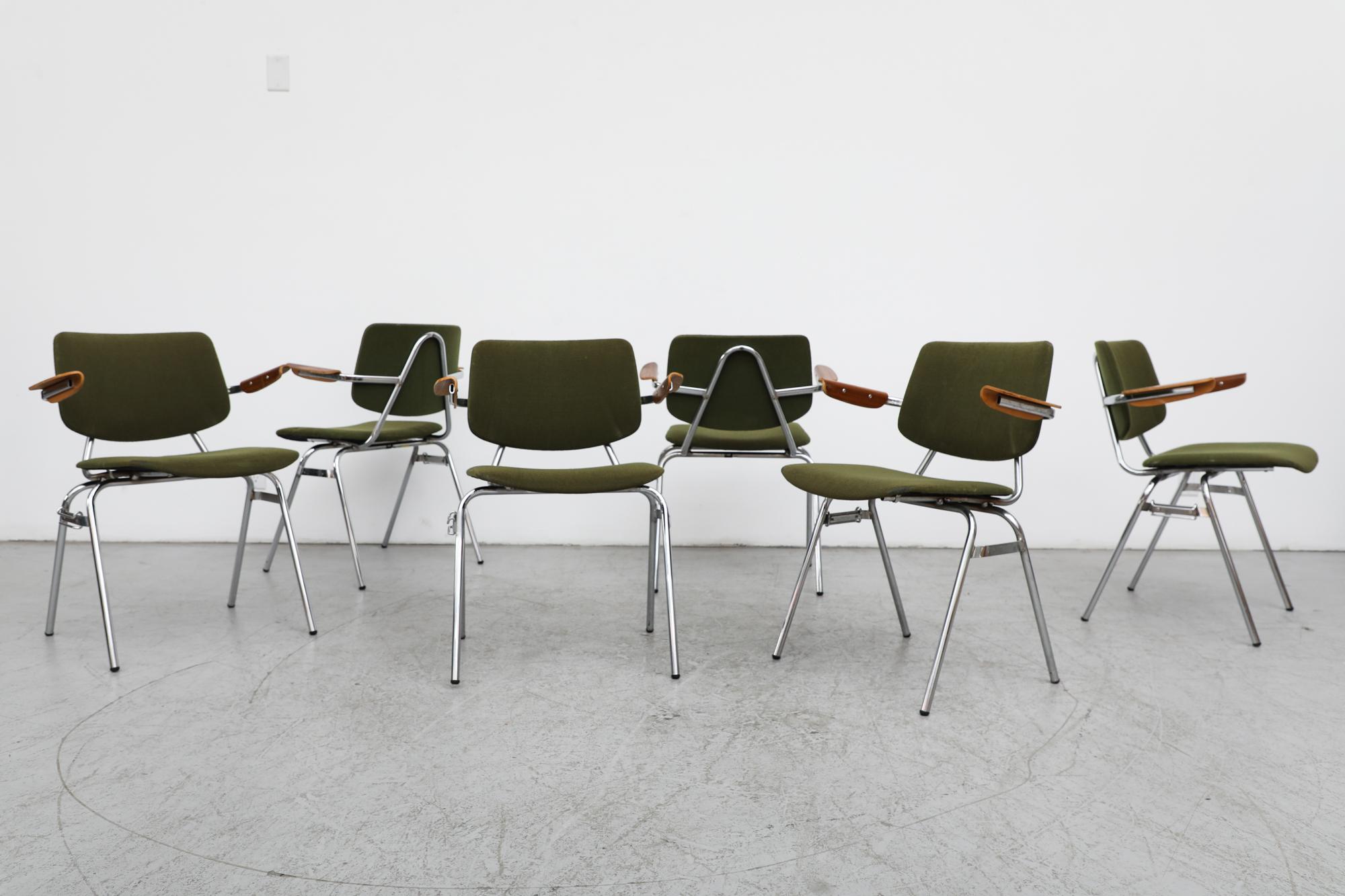 ‘Model 395 B/Z’ stacking Chairs, part of the 300 Series designed by Kho Liang Ie for C.A Ruigrok, in 1957. Chrome tubular metal frame with original green upholstery. Teak bentwood armrests. These can stack 3 to 4 high. All are in original condition