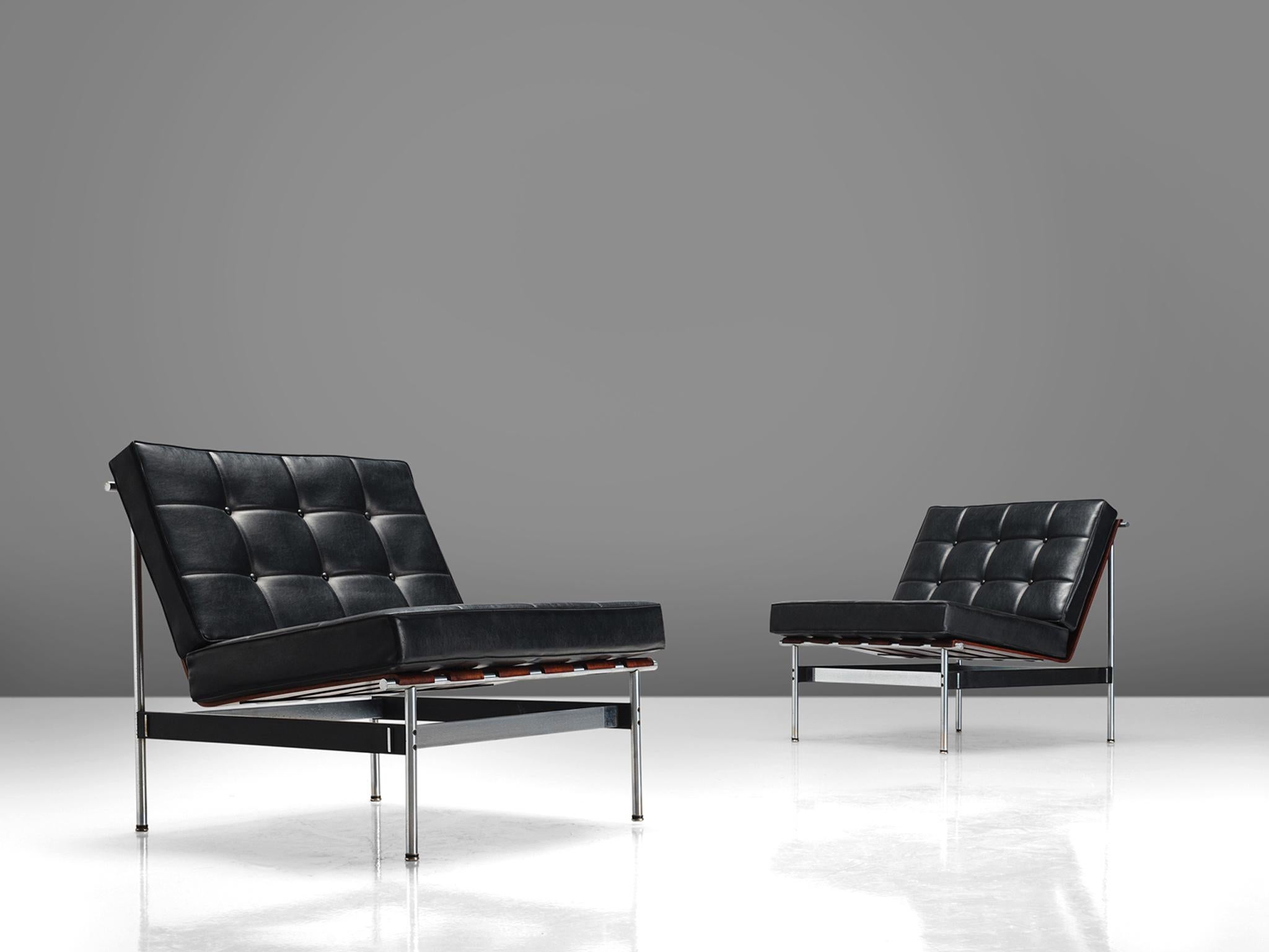 Dutch Kho Liang Le Easy Chairs in Rosewood and Black Leatherette