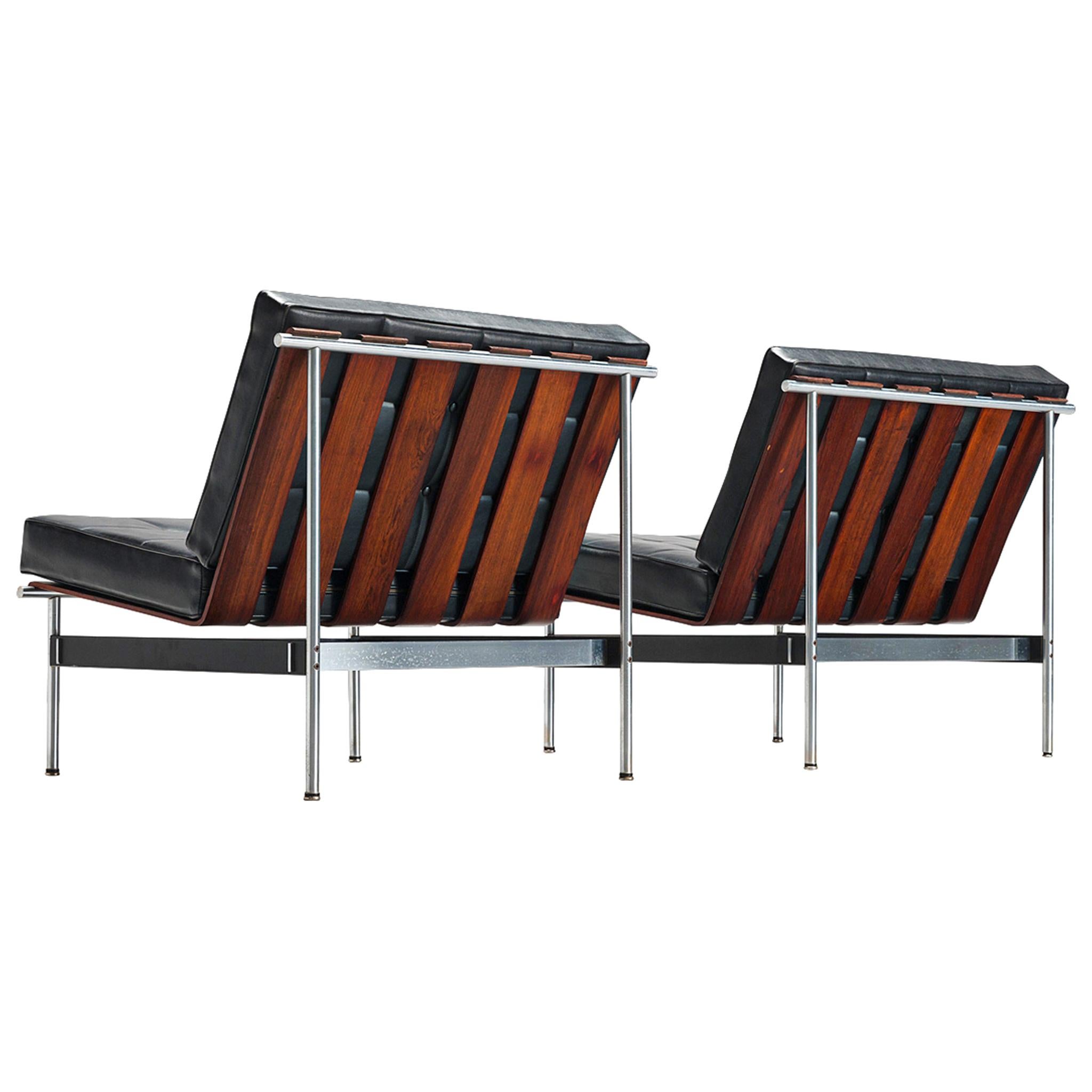 Kho Liang Le Easy Chairs in Rosewood and Black Leatherette