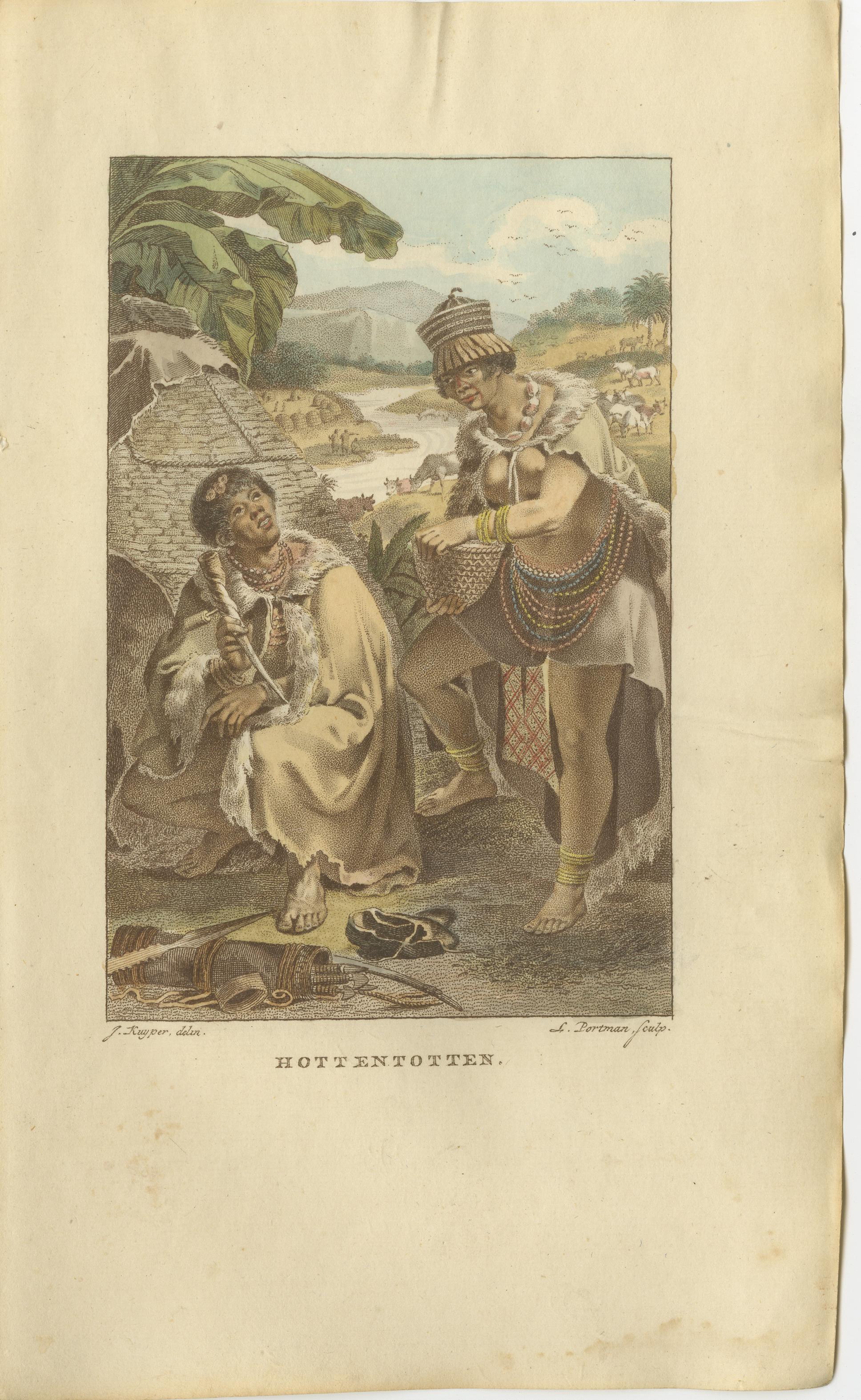 Figures Khoikhoi d'Afrique australe - Gravure ethnographique ancienne coloriée à la main (c.1800)

Description :
Gravure ethnographique du début du XIXe siècle, coloriée à la main, représentant deux indigènes Khoikhoi d'Afrique australe, avec en