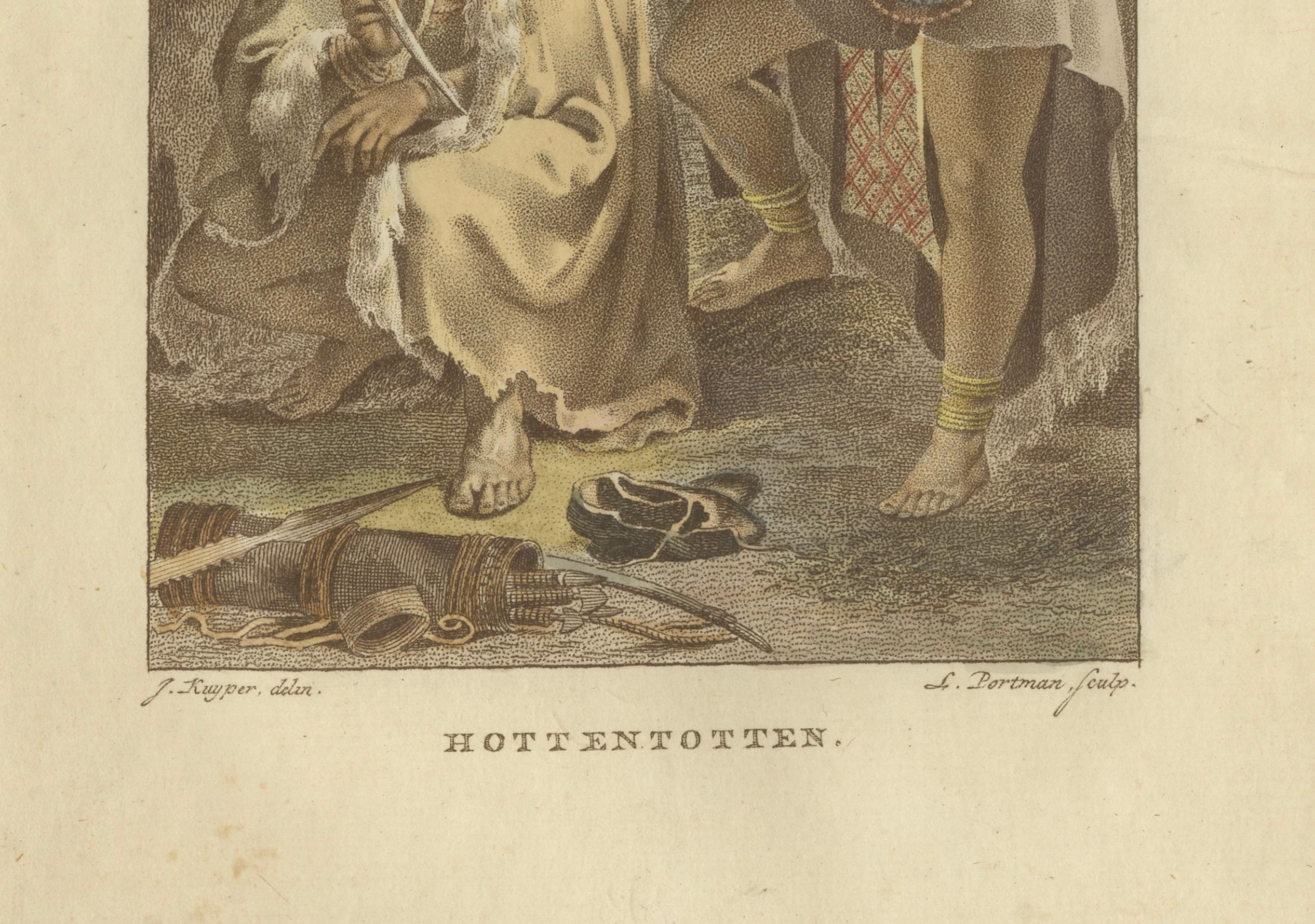 Néerlandais Figures Khoikhoi d'Afrique australe - Gravure ethnographique ancienne. C.I.C. en vente
