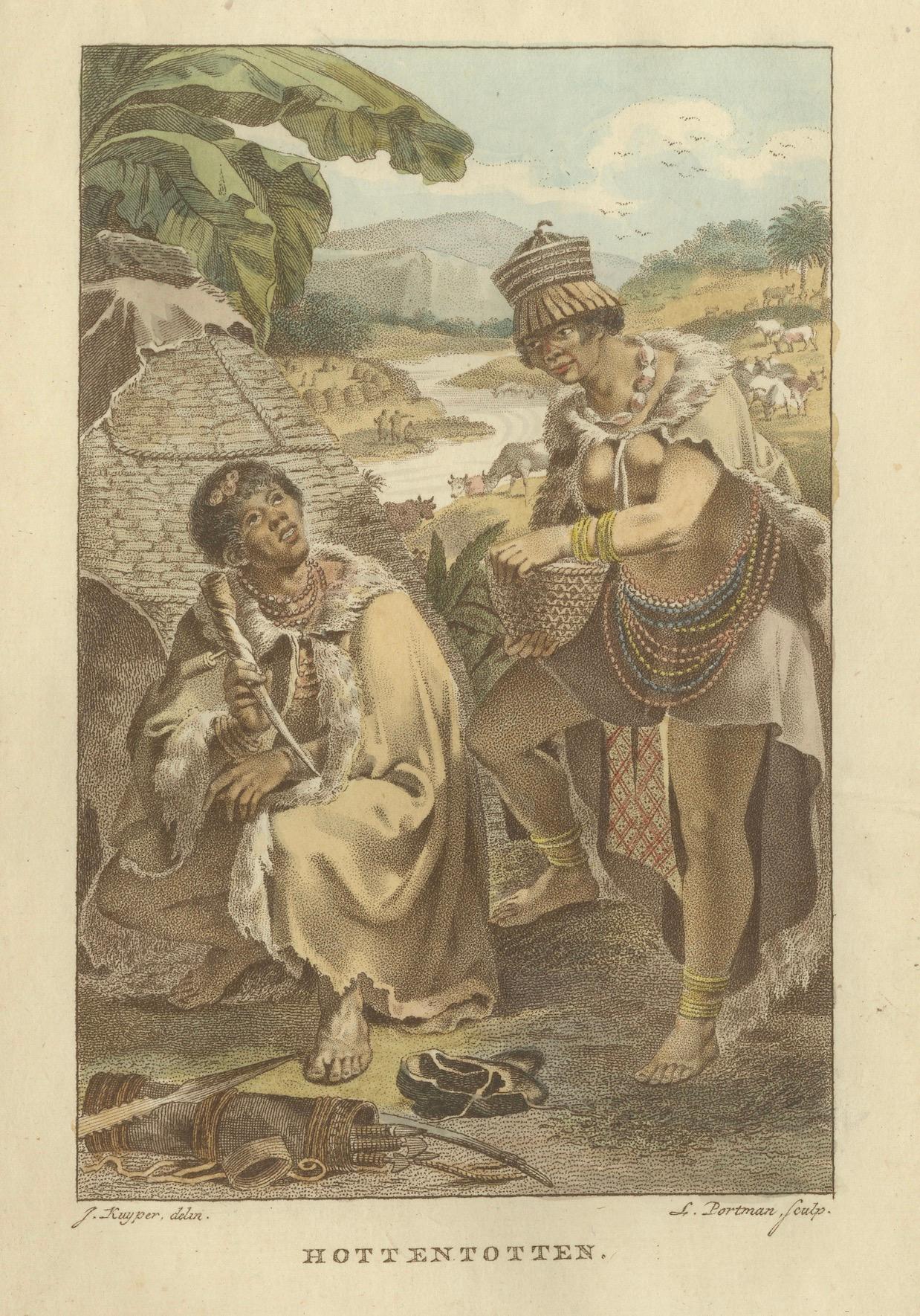XIXe siècle Figures Khoikhoi d'Afrique australe - Gravure ethnographique ancienne. C.I.C. en vente