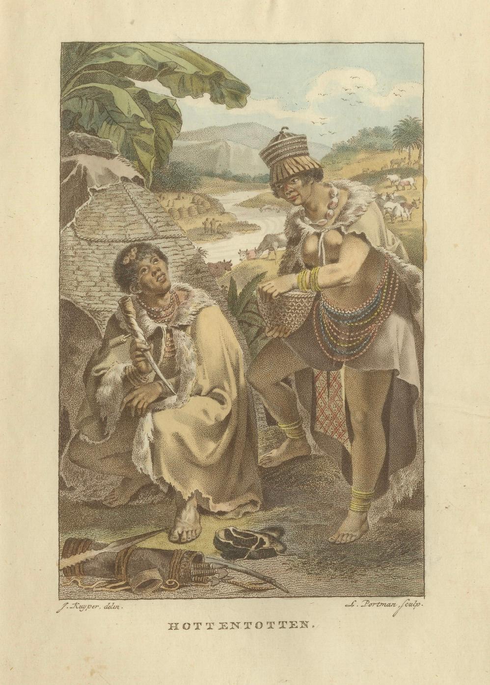 Papier Figures Khoikhoi d'Afrique australe - Gravure ethnographique ancienne. C.I.C. en vente
