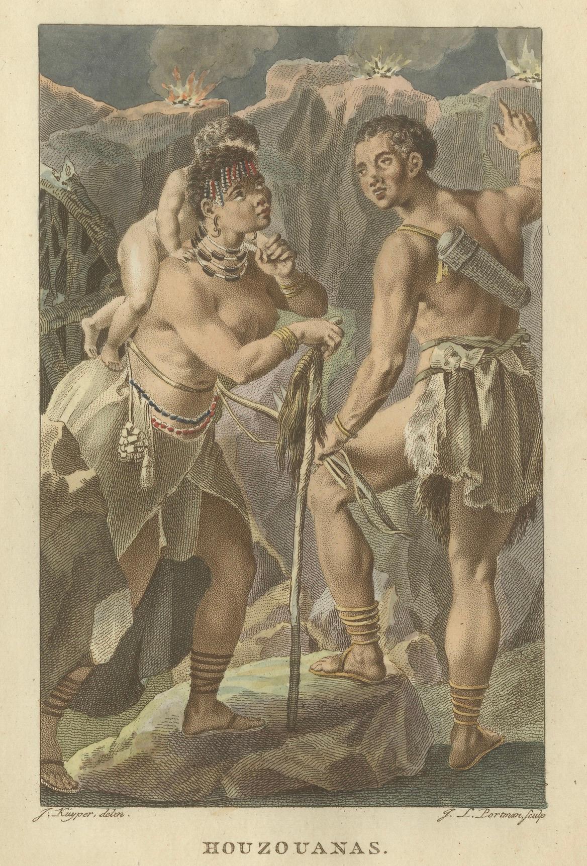Khoisan-Figuren aus dem südlichen Afrika - Ethnografischer Stich (Houzouanas), um 1803 (Graviert) im Angebot