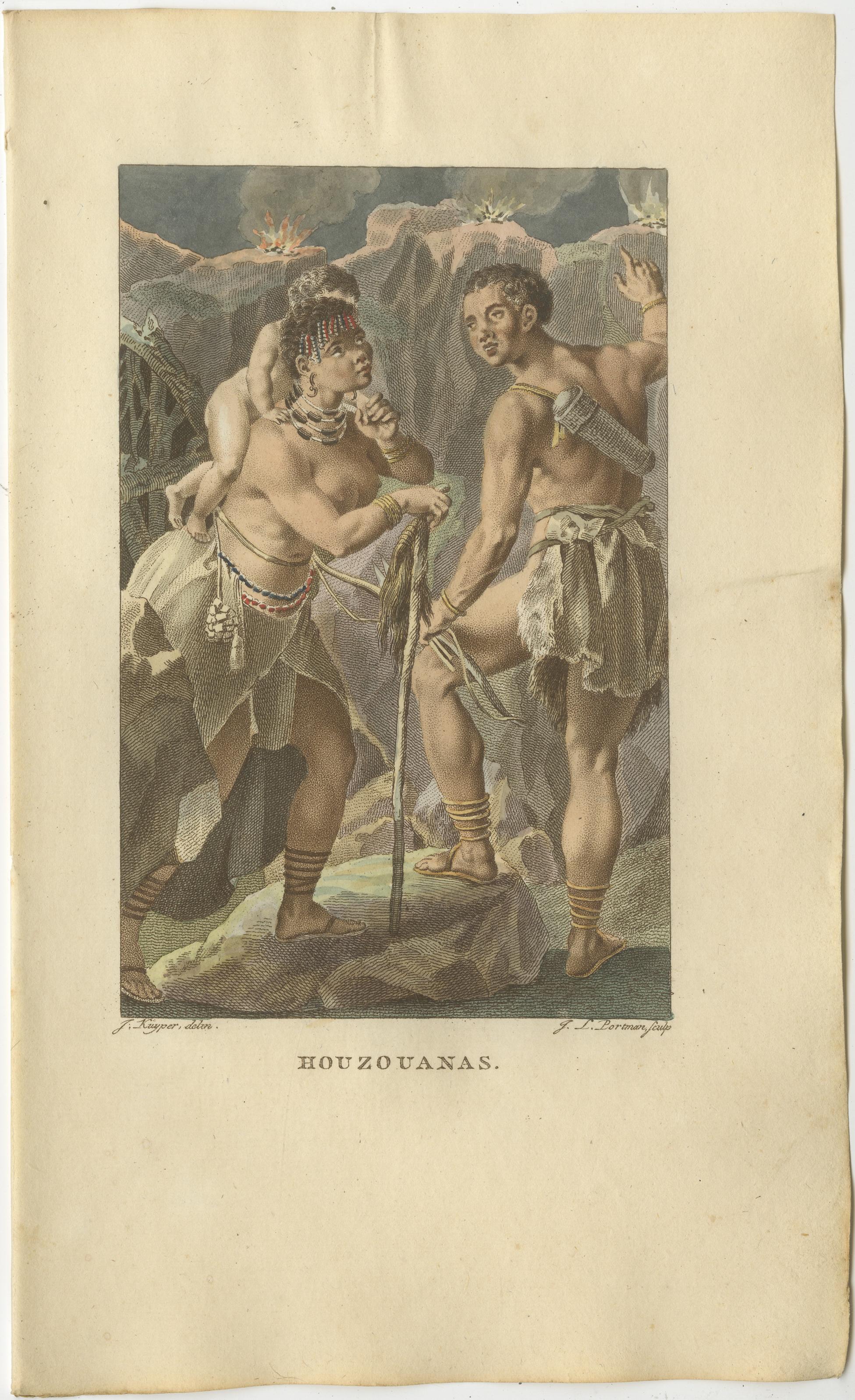 Khoisan-Figuren aus dem südlichen Afrika - Ethnografischer Stich (Houzouanas), um 1803 im Zustand „Gut“ im Angebot in Langweer, NL