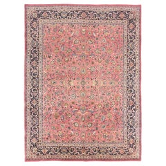 Khorasan Rug, Hand Knotted, 13.3 × 10.1 ft – Rose Red, Navy Blue and Ivory