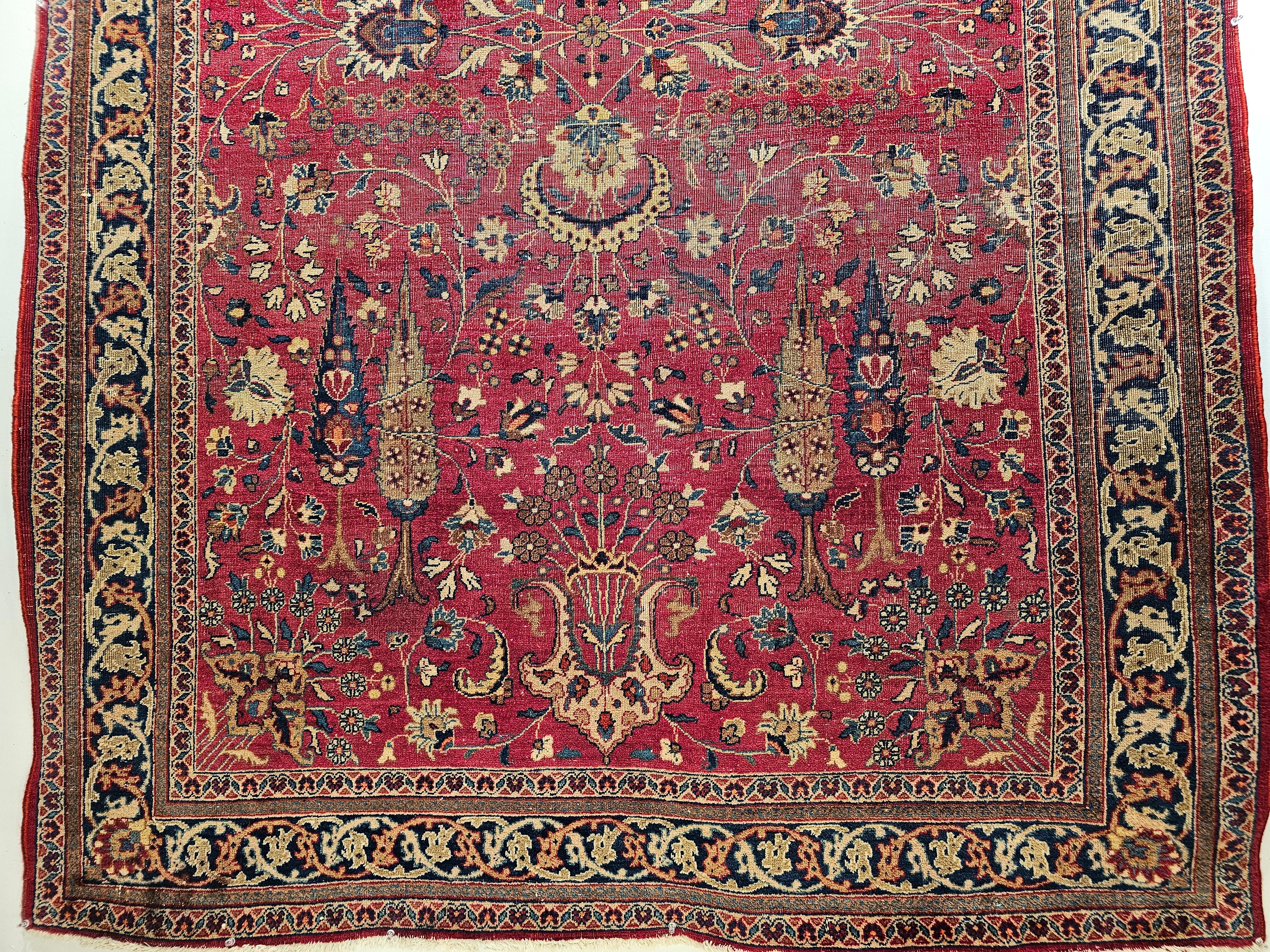 Hand-Knotted 19th Century Persian Khorassan in Allover Floral Design in Crimson Red, Blue For Sale