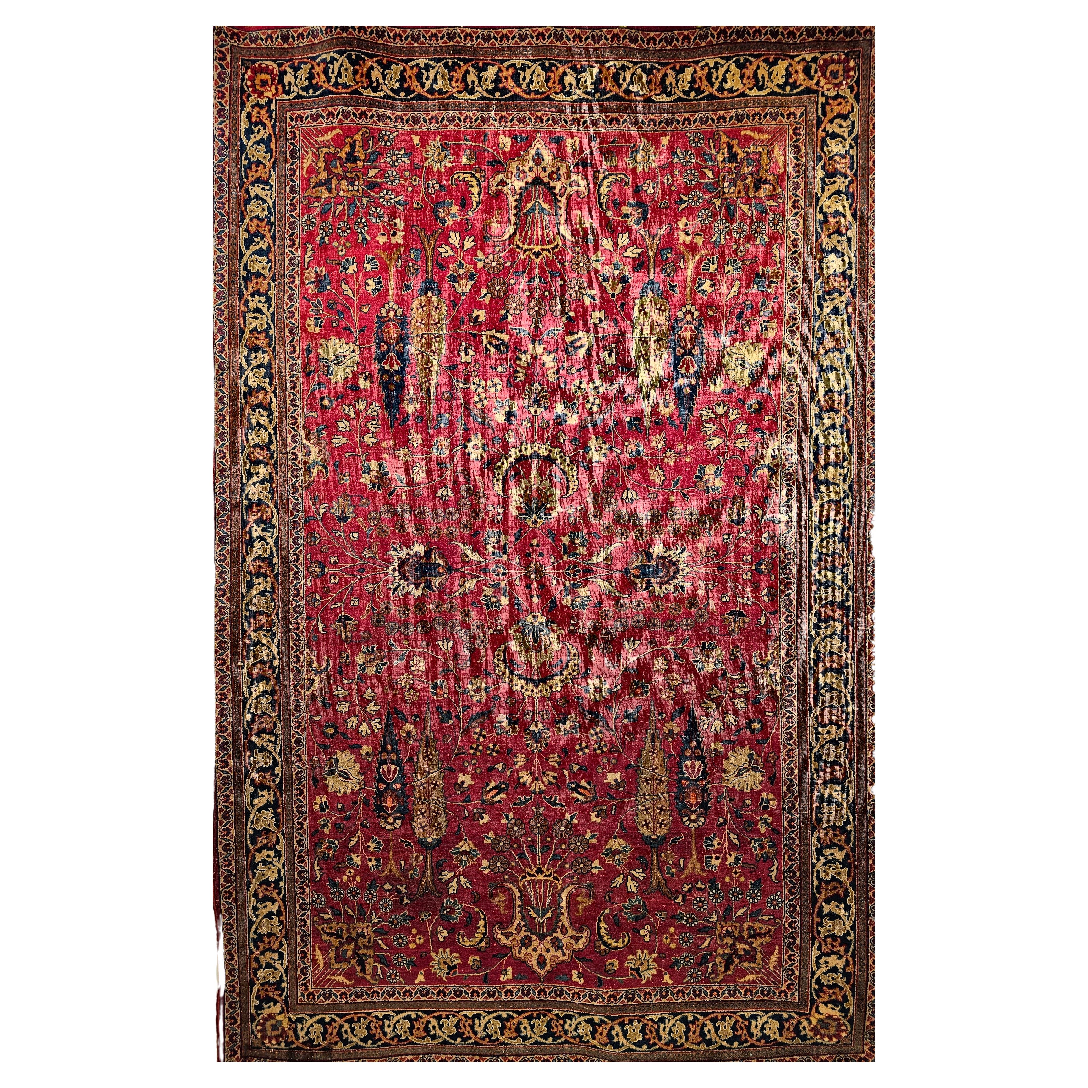 19th Century Persian Khorassan in Allover Floral Design in Crimson Red, Blue