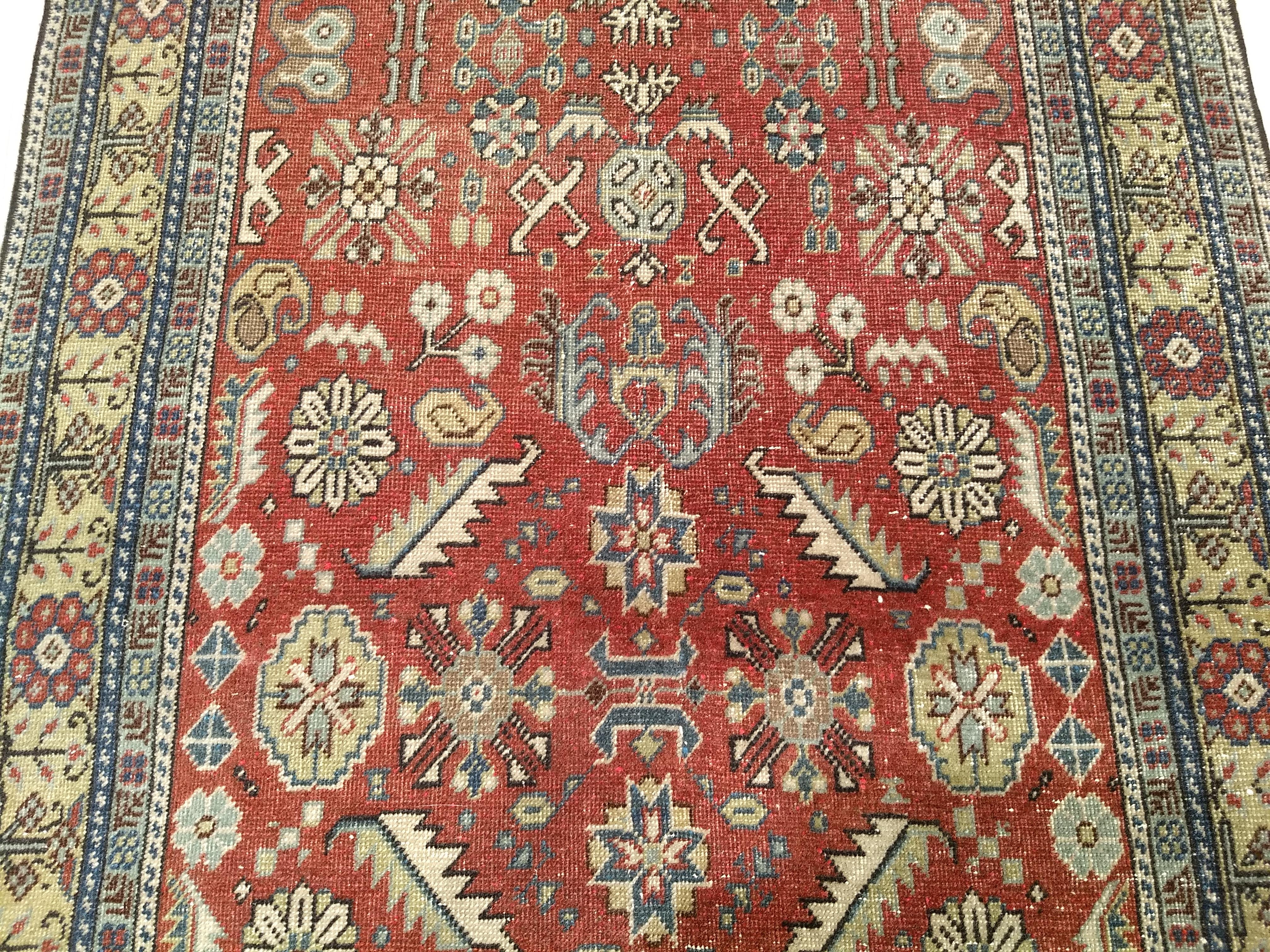 Vintage Khotan Area Rug in Allover Geometric Pattern on Brick Red, Yellow, Ivory For Sale 2