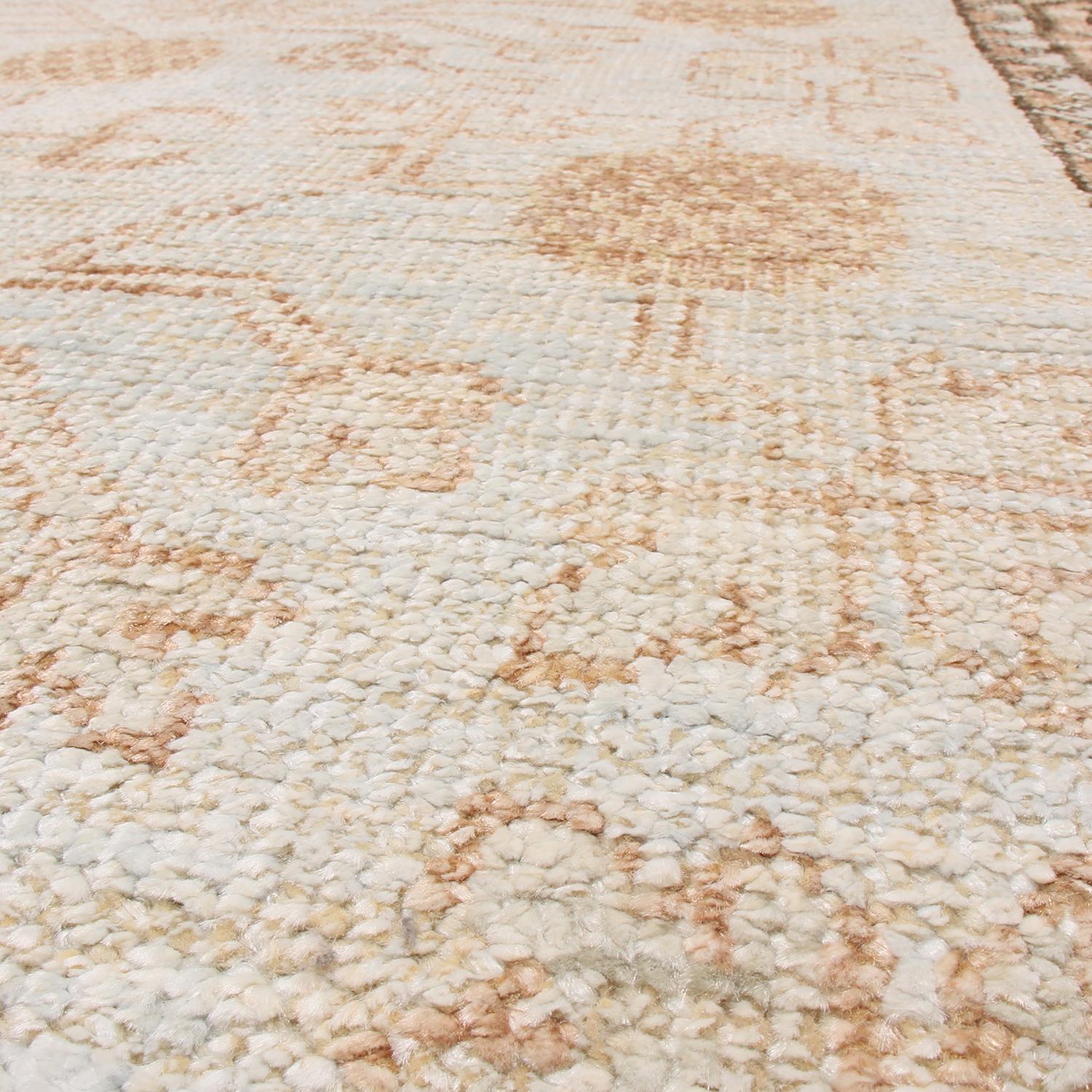 Hand-Knotted Khotan Beige-Brown and Blue Wool and Silk Rug For Sale