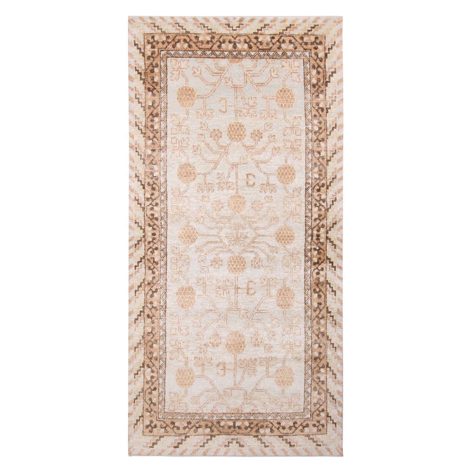 Khotan Beige-Brown and Blue Wool and Silk Rug