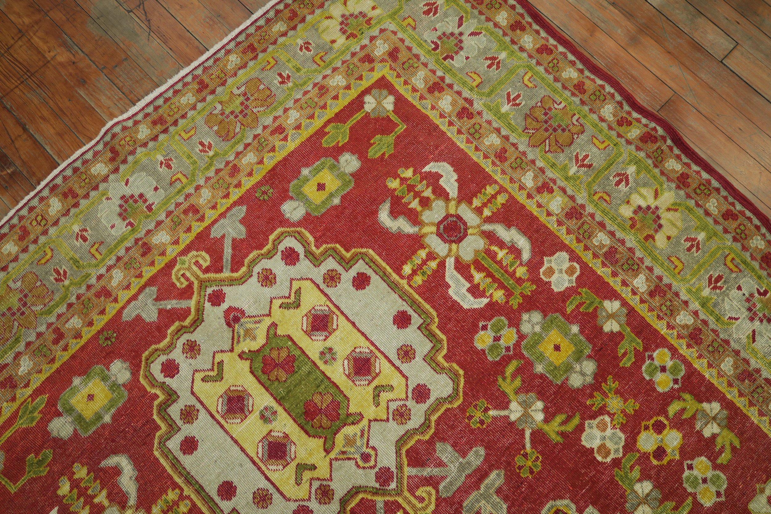 Prairie School Khotan Bright Red Green Yellow Antique 20th Century Wool Handmade Oriental Rug For Sale