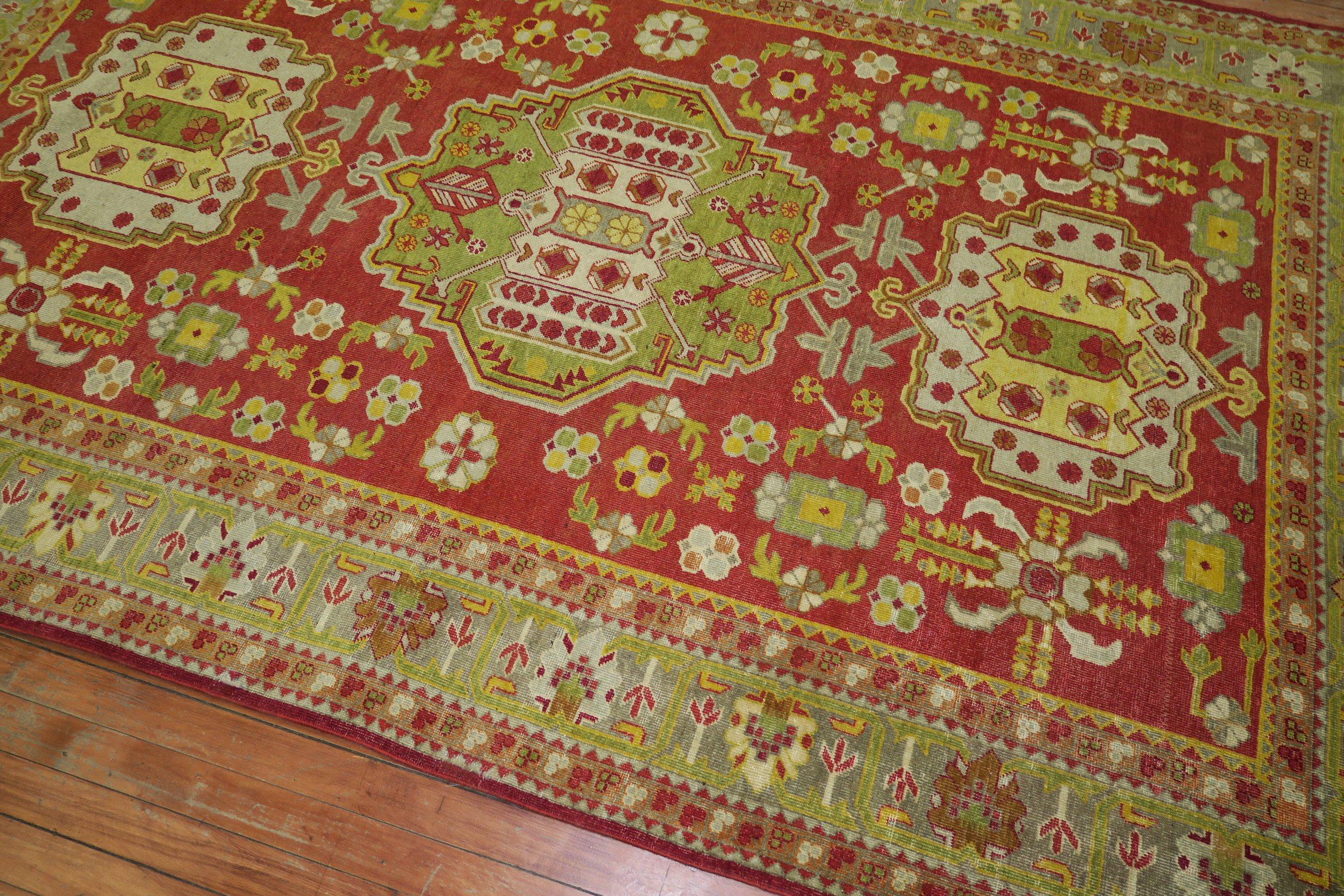 East Turkestani Khotan Bright Red Green Yellow Antique 20th Century Wool Handmade Oriental Rug For Sale