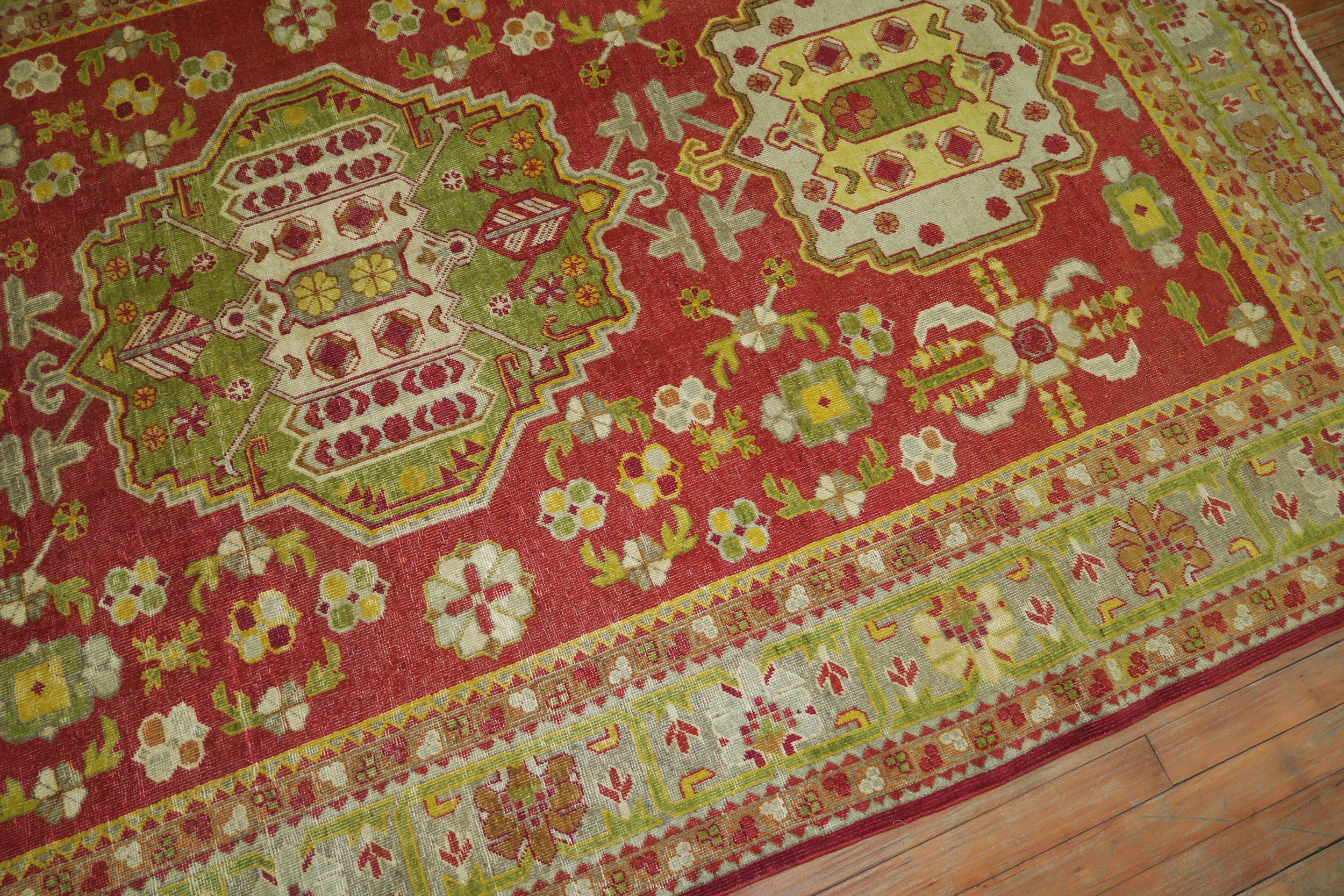 Khotan Bright Red Green Yellow Antique 20th Century Wool Handmade Oriental Rug For Sale 2
