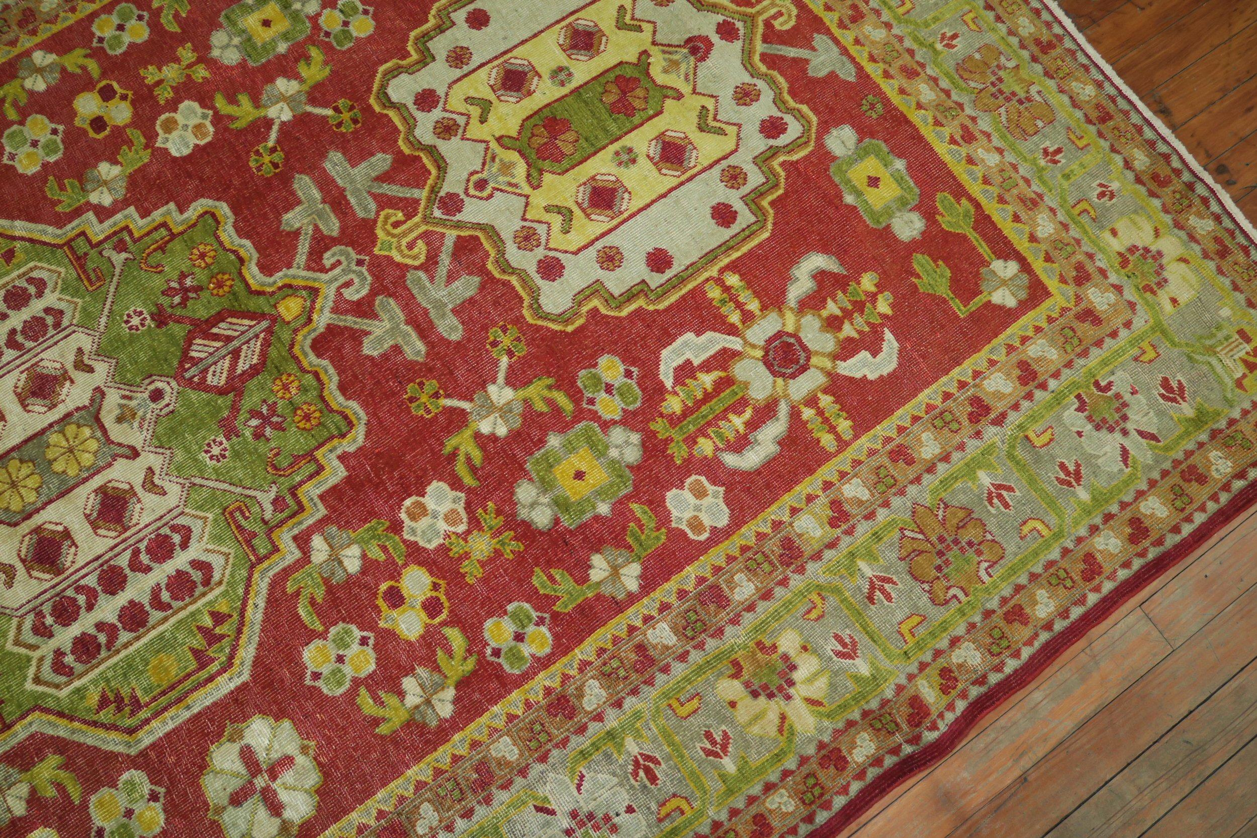 Khotan Bright Red Green Yellow Antique 20th Century Wool Handmade Oriental Rug For Sale 3