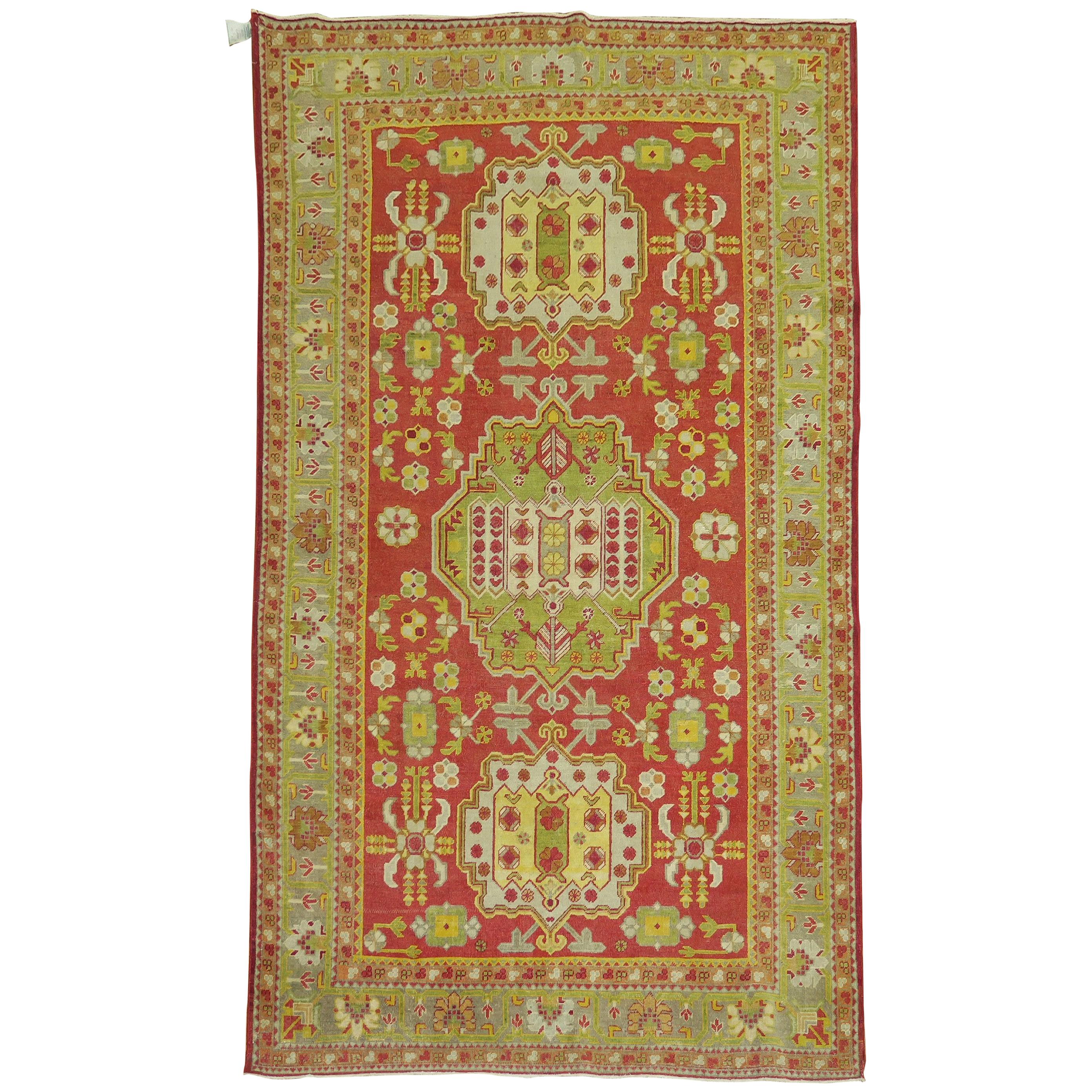 Khotan Bright Red Green Yellow Antique 20th Century Wool Handmade Oriental Rug For Sale