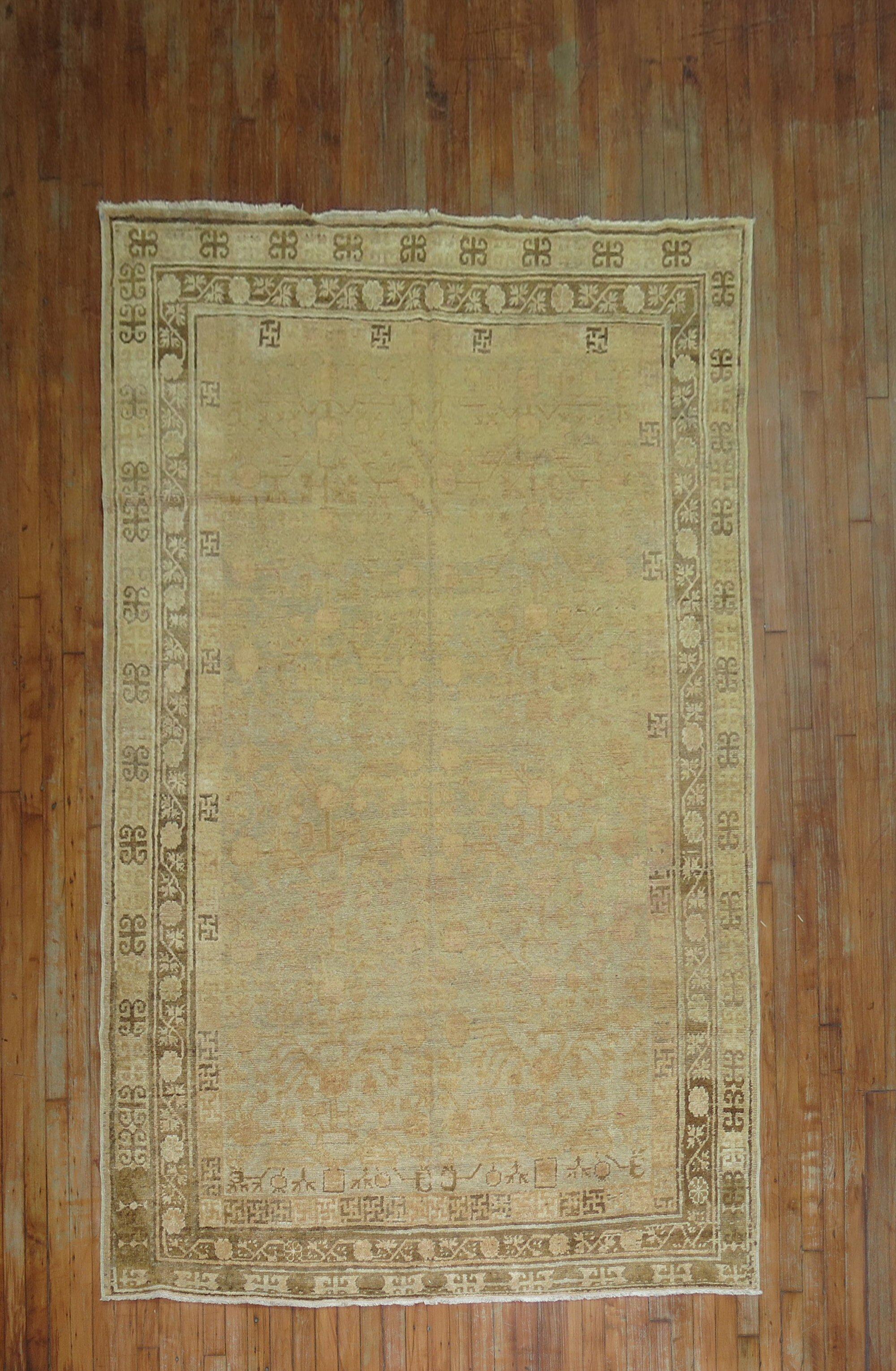 A Khotan rug woven in East Turkestan over 100 years ago with attractive subtle colors and an all-over Pomegranate Design. Includes several light natural abrashes. Very easy to decorate modern or antique furniture around this rug.