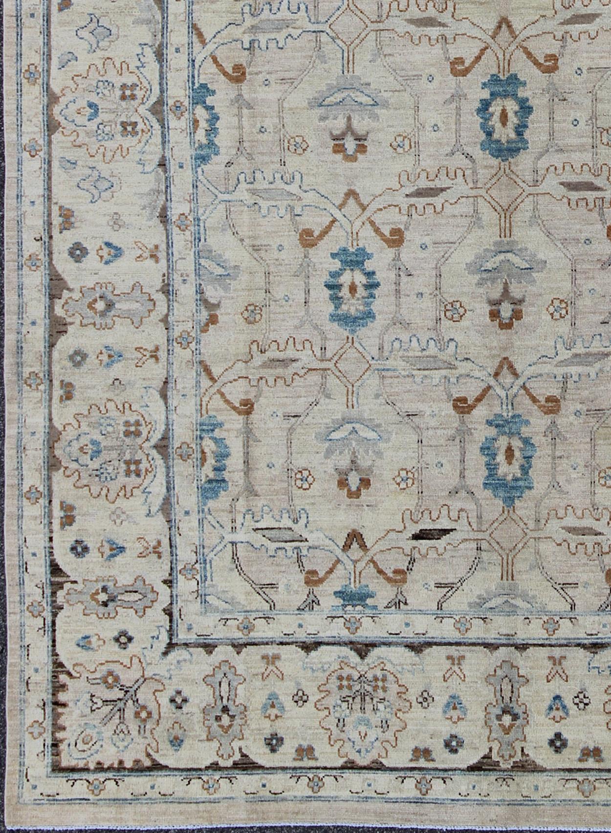 Afghan Khotan Design Rug with All-Over Geometric Pattern in Blush, Brown, Tan, and Blue For Sale
