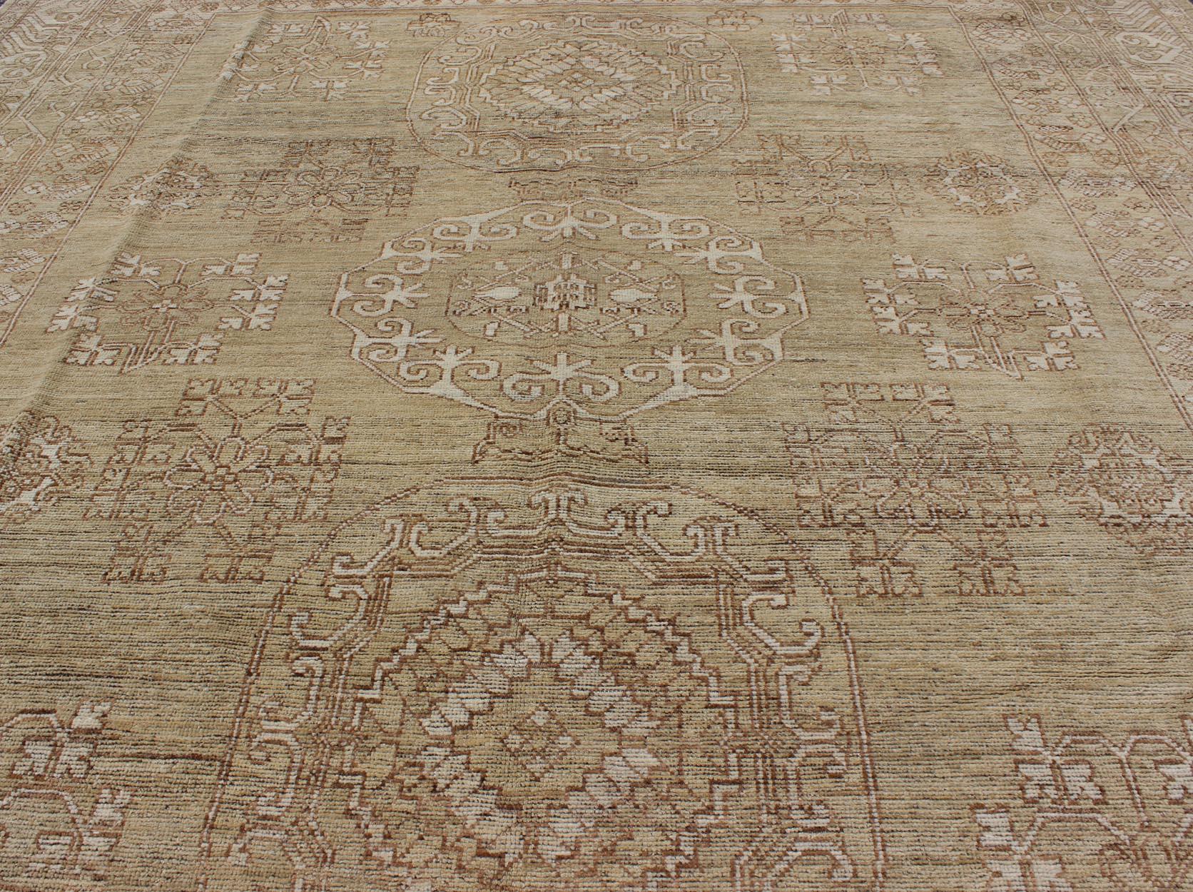 Afghan Khotan Design Rug with All-Over Geometric Pattern in Light Brown and Green's For Sale