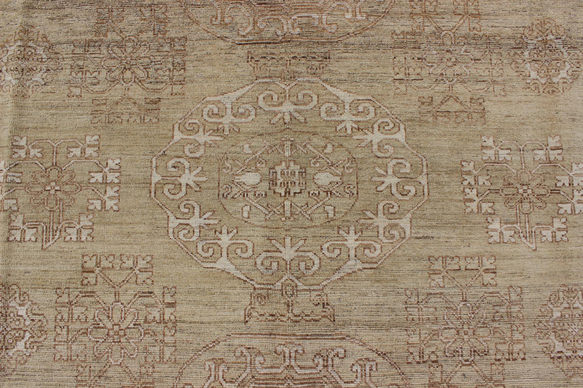 Khotan Design Rug with All-Over Geometric Pattern in Light Brown and Green's In New Condition For Sale In Atlanta, GA