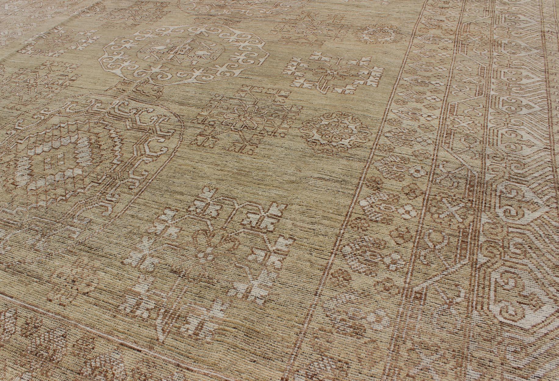Contemporary Khotan Design Rug with All-Over Geometric Pattern in Light Brown and Green's For Sale