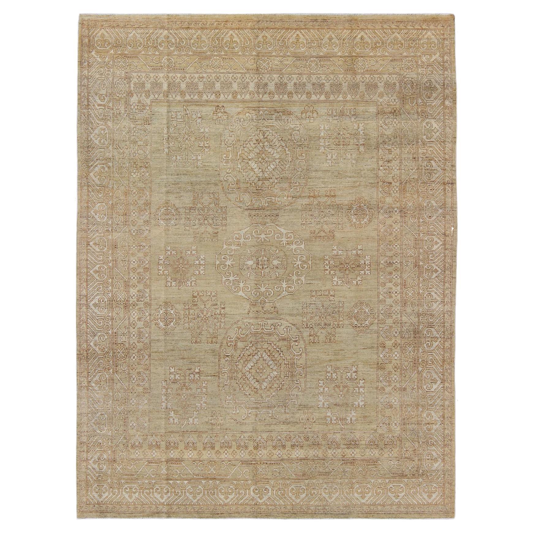Khotan Design Rug with All-Over Geometric Pattern in Light Brown and Green's For Sale