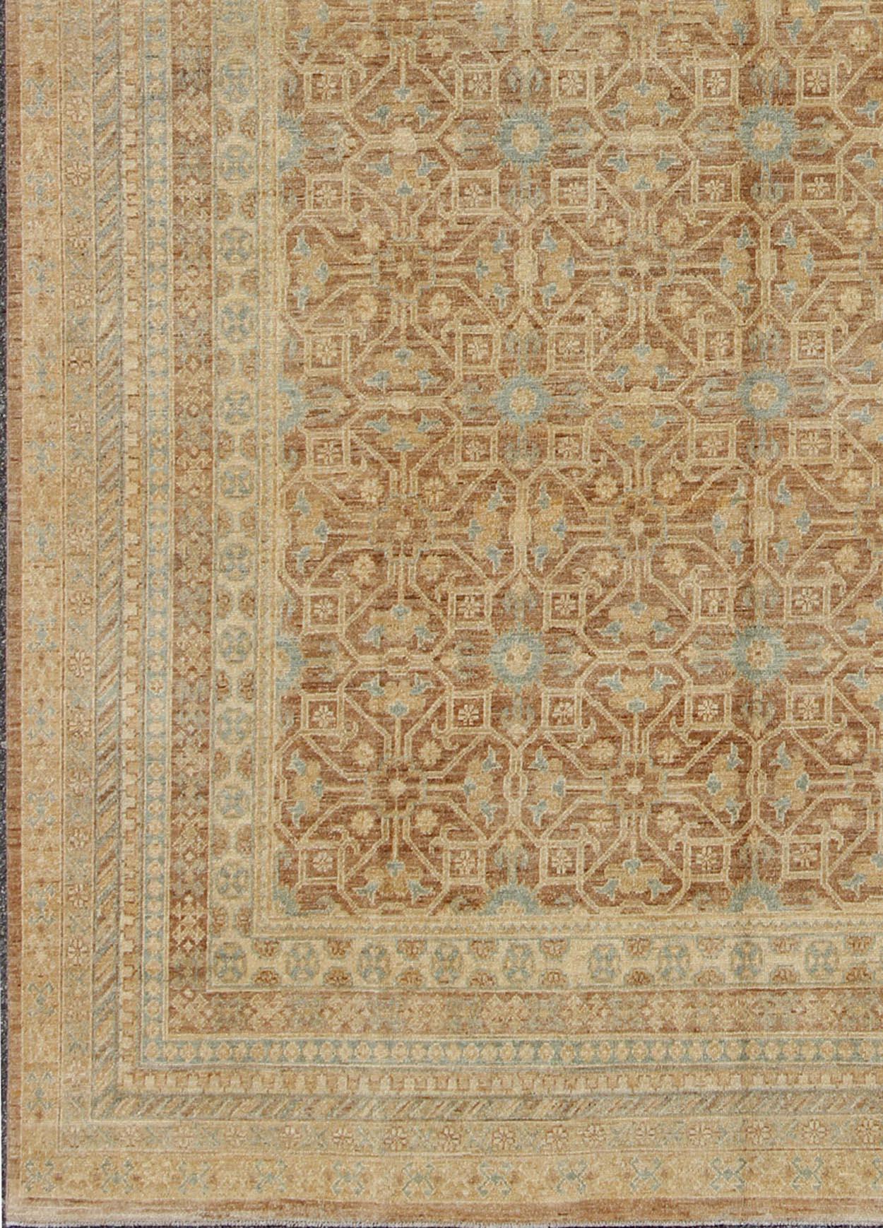 Khotan Design Rug with All-Over Geometric Pattern in Light Brown, Butter & Blue For Sale 3