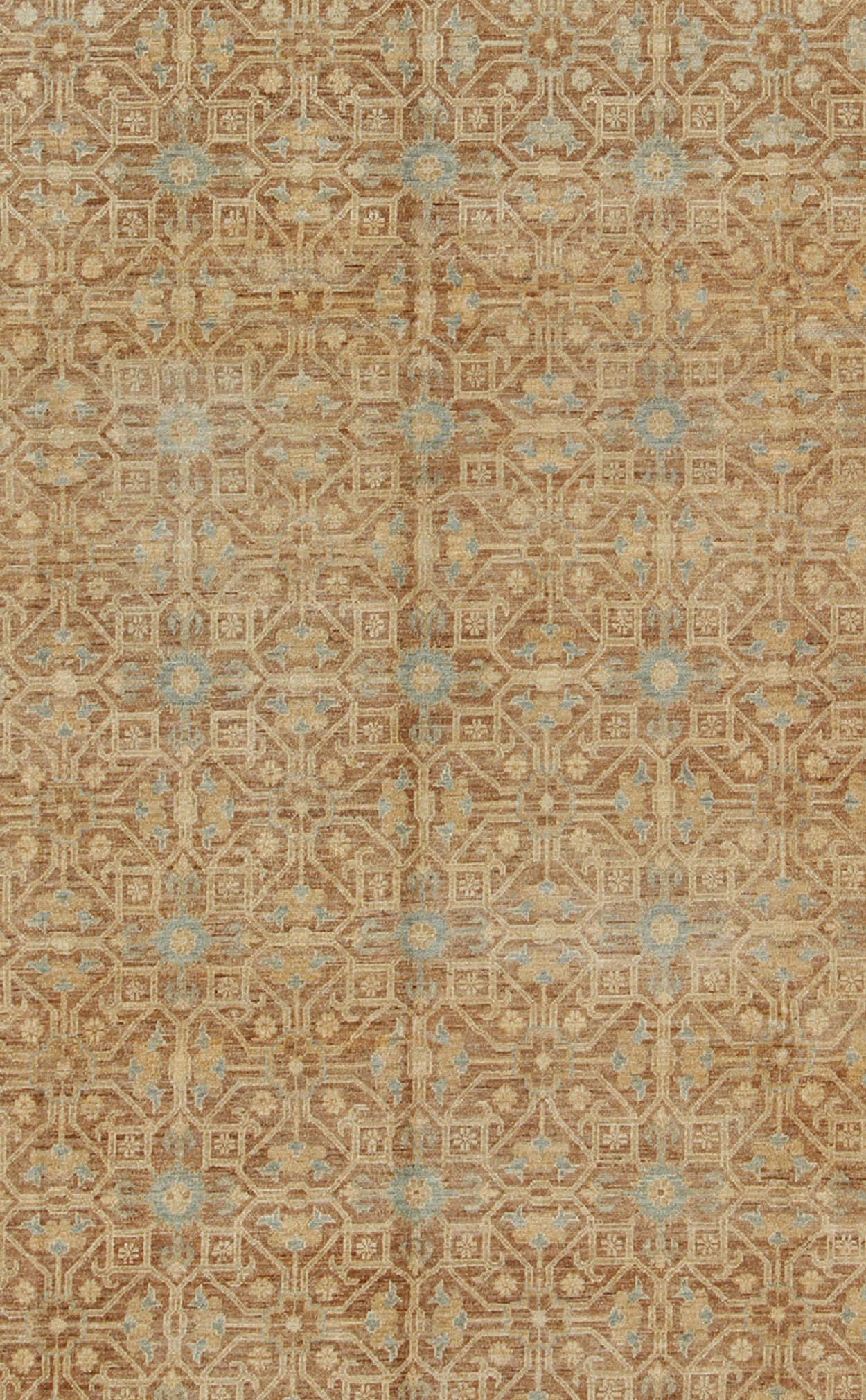 Khotan Design Rug with All-Over Geometric Pattern in Light Brown, Butter & Blue For Sale 4