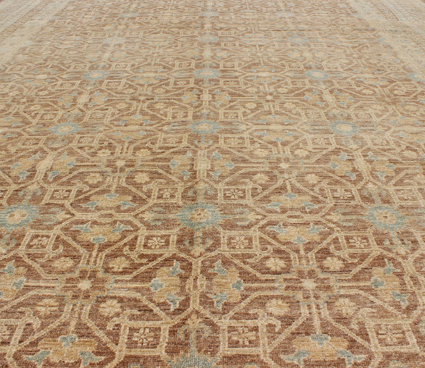 Afghan Khotan Design Rug with All-Over Geometric Pattern in Light Brown, Butter & Blue For Sale