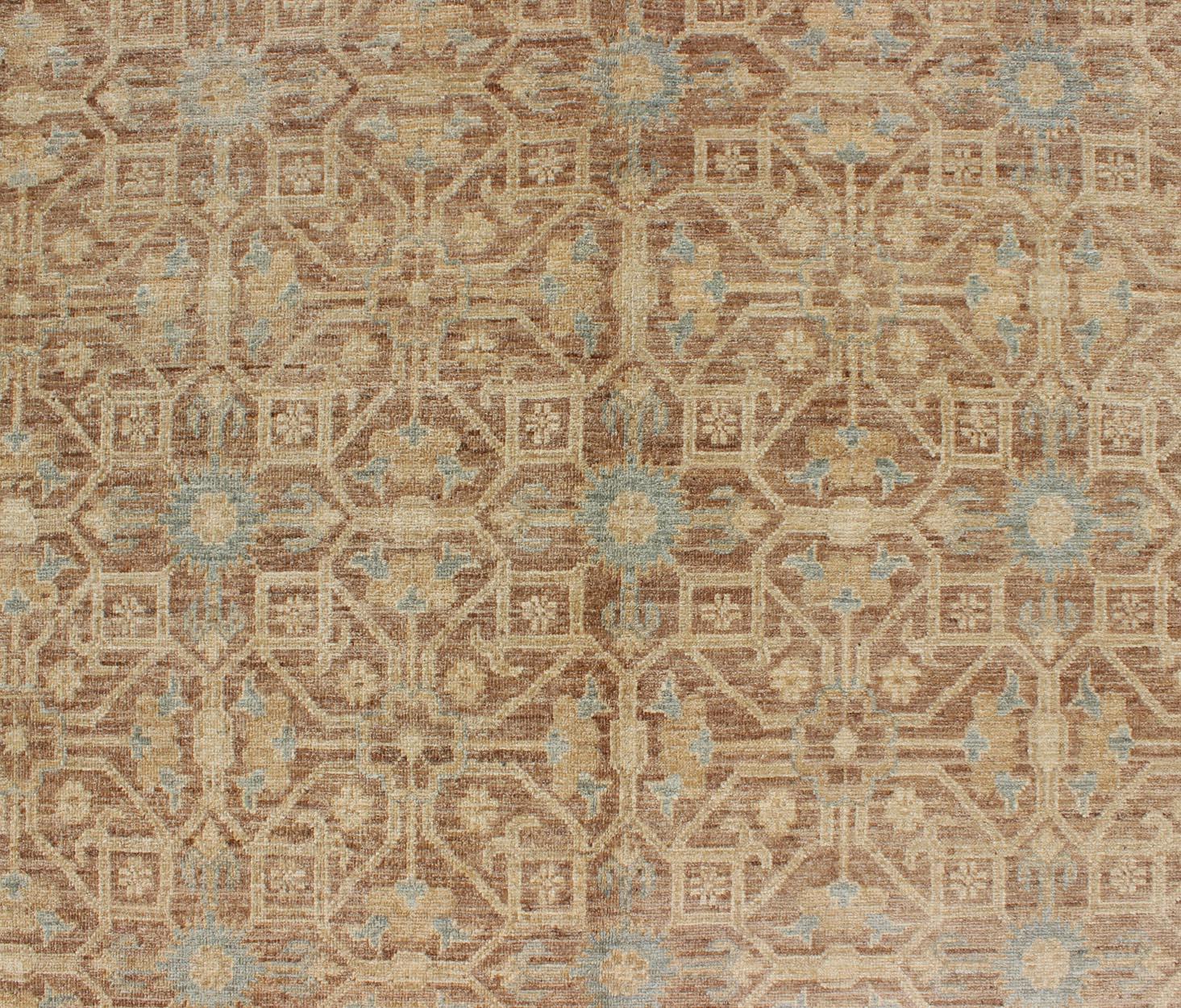 Hand-Knotted Khotan Design Rug with All-Over Geometric Pattern in Light Brown, Butter & Blue For Sale