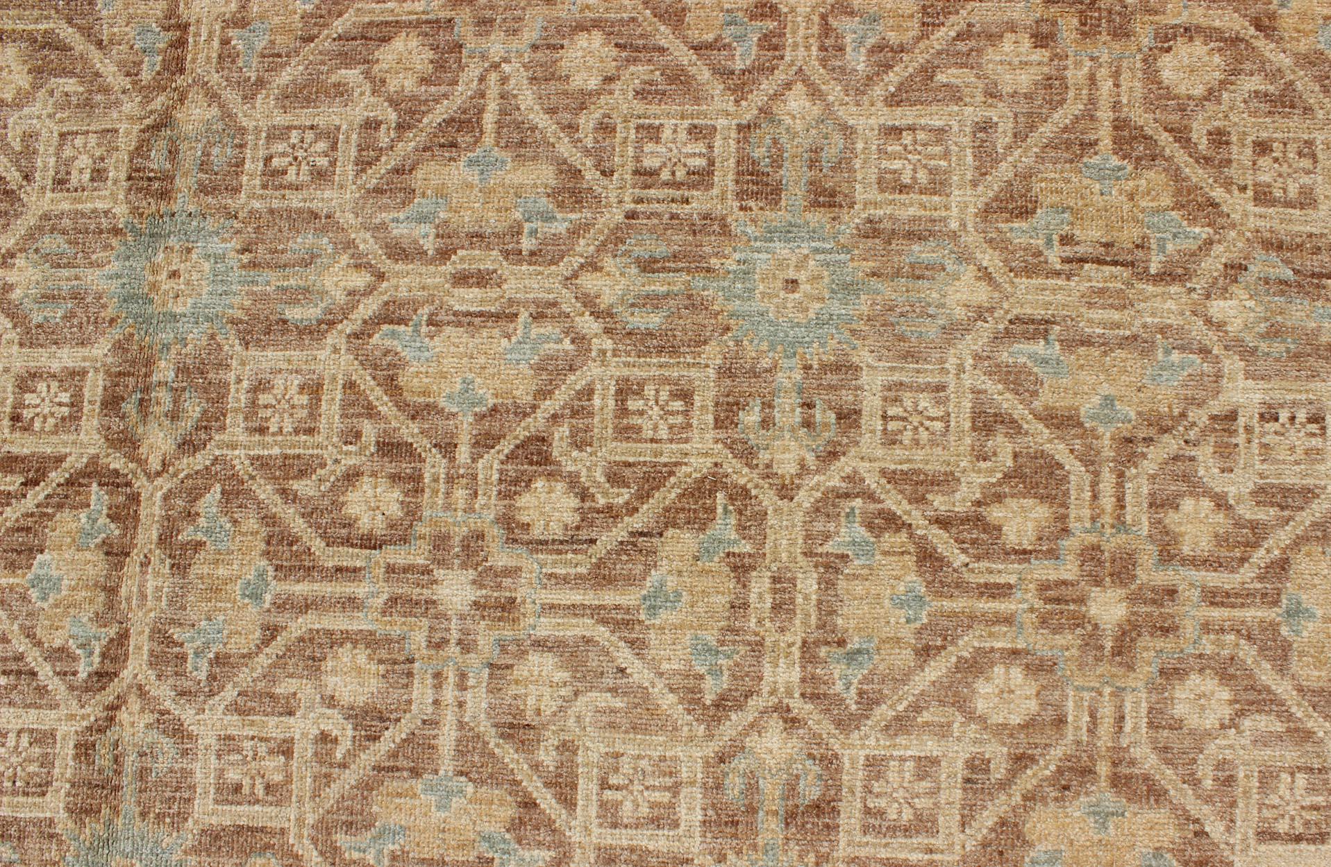 Khotan Design Rug with All-Over Geometric Pattern in Light Brown, Butter & Blue In New Condition For Sale In Atlanta, GA