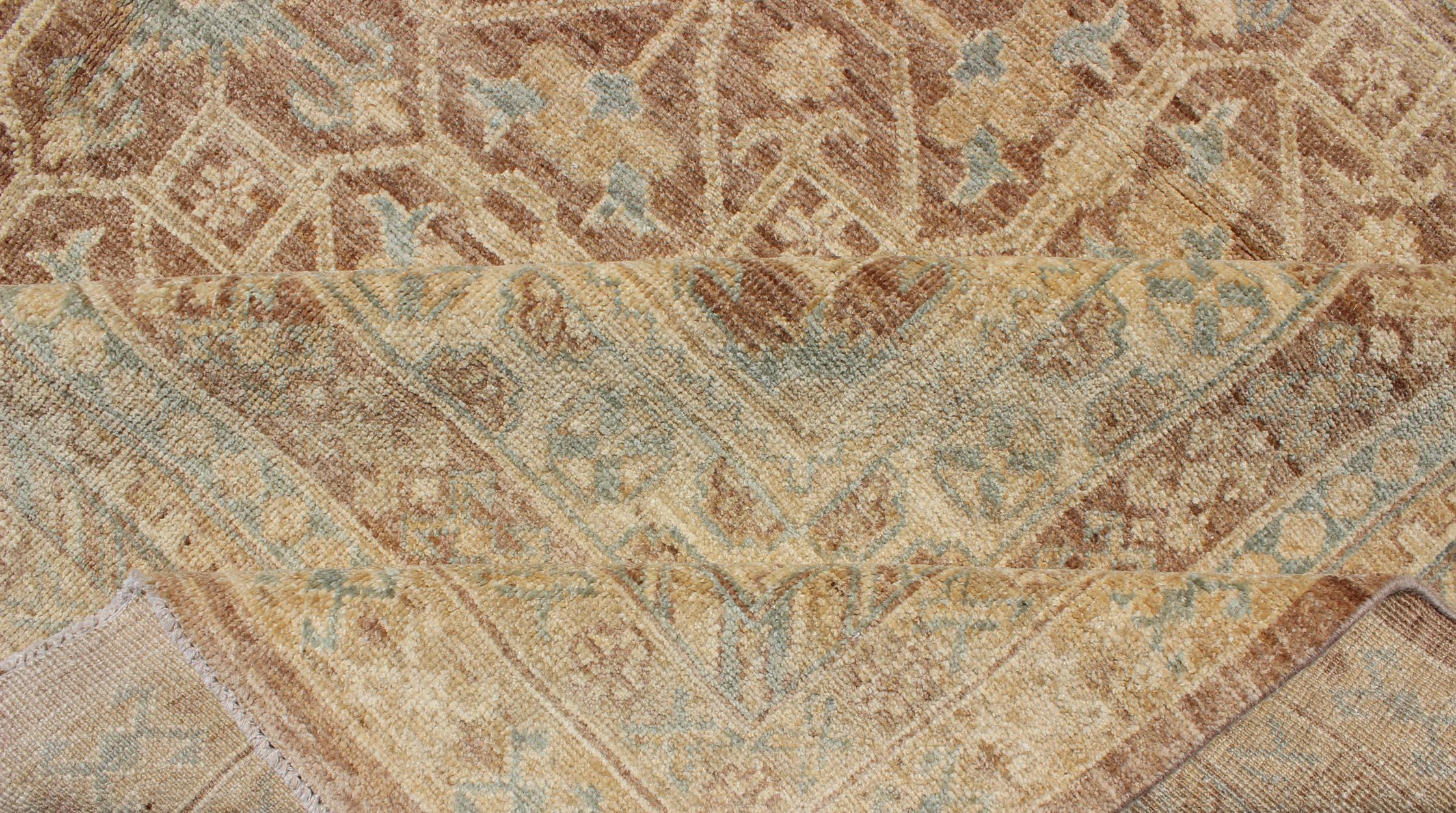Wool Khotan Design Rug with All-Over Geometric Pattern in Light Brown, Butter & Blue For Sale