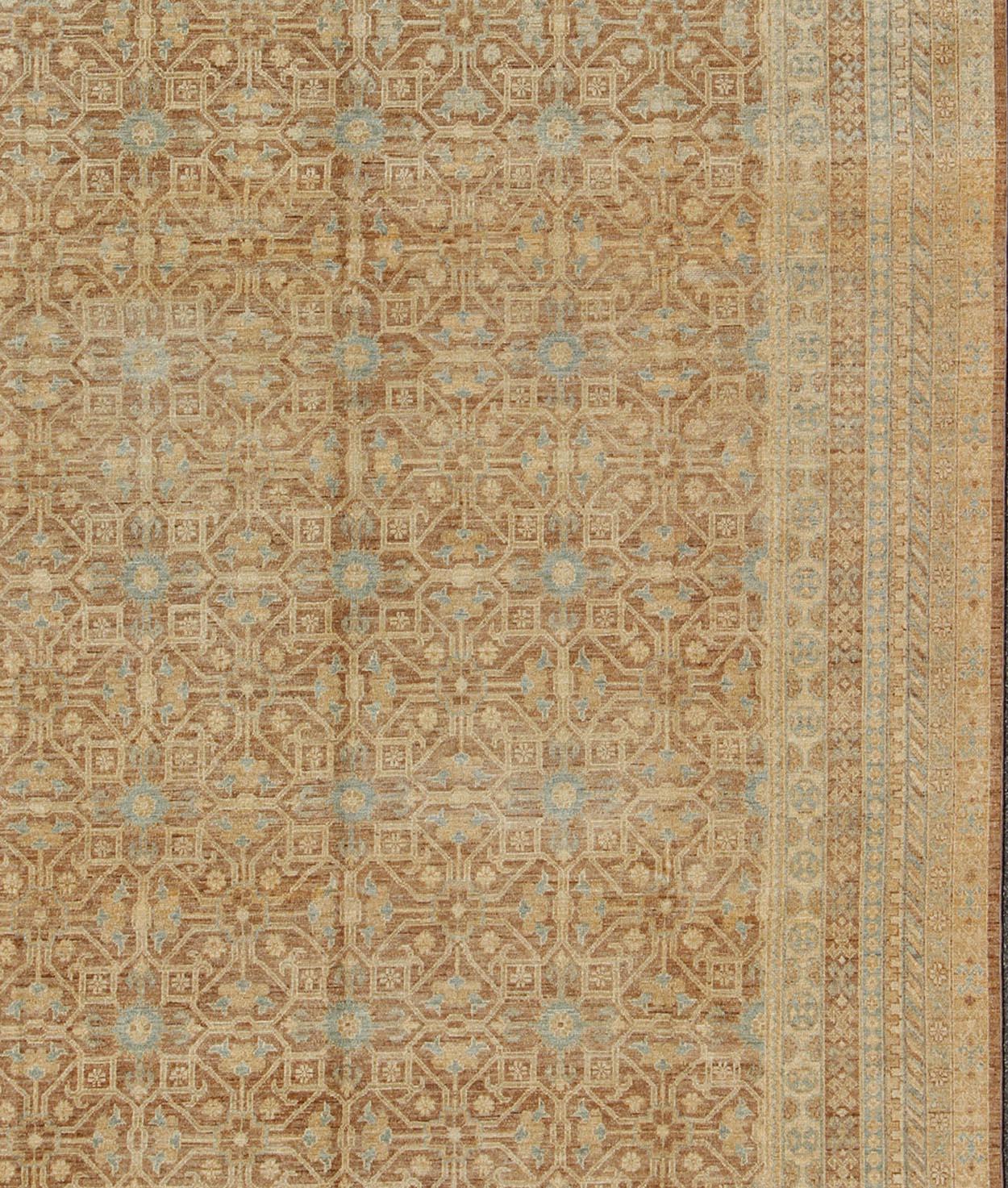 Khotan Design Rug with All-Over Geometric Pattern in Light Brown, Butter & Blue For Sale 1