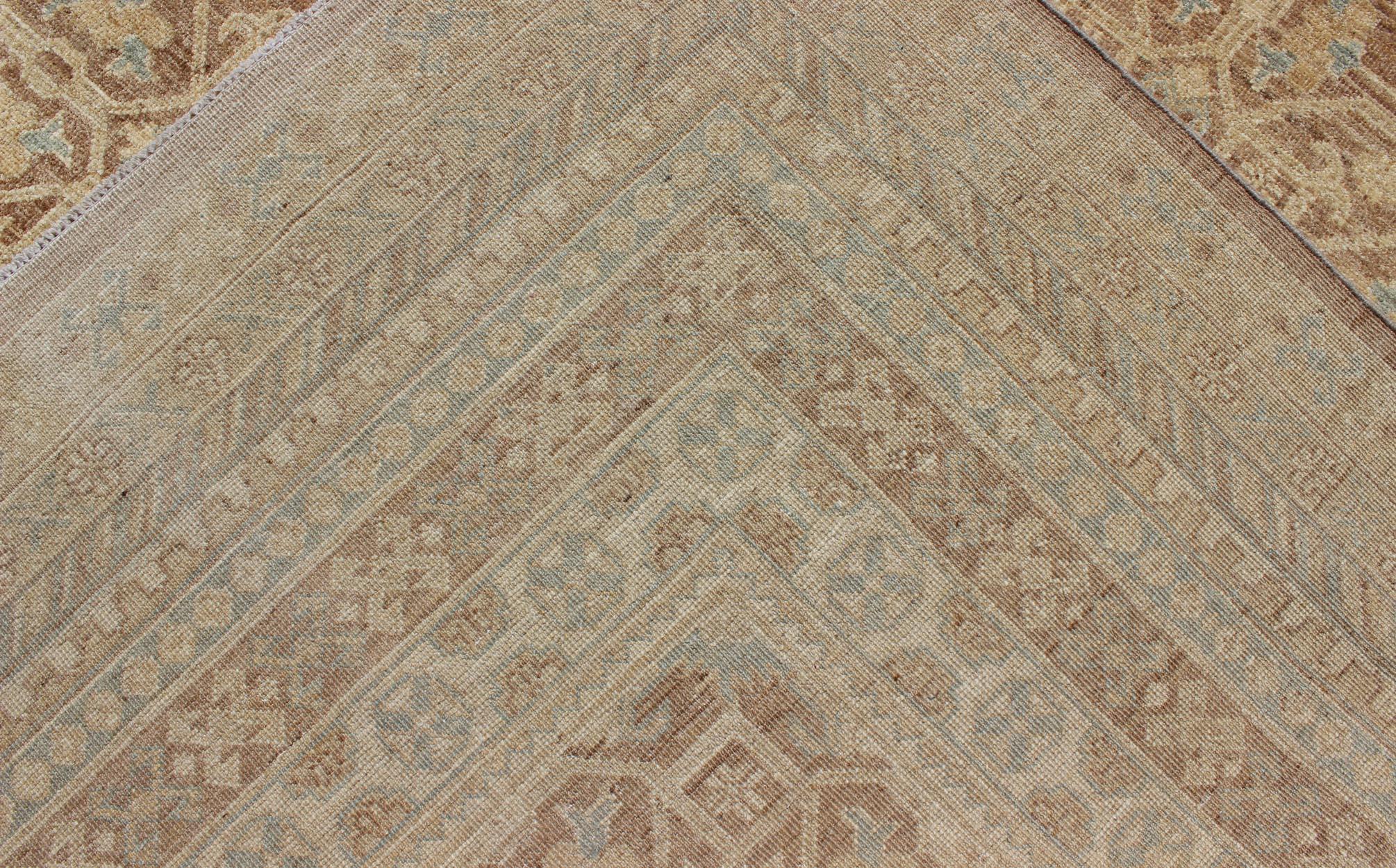 Khotan Design Rug with All-Over Geometric Pattern in Light Brown, Butter & Blue For Sale 2