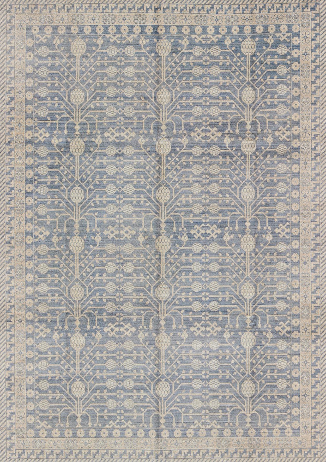 Hand-Knotted Khotan Design Rug with All-Over Pomegranate Pattern in Blue, Tan & Taupe For Sale