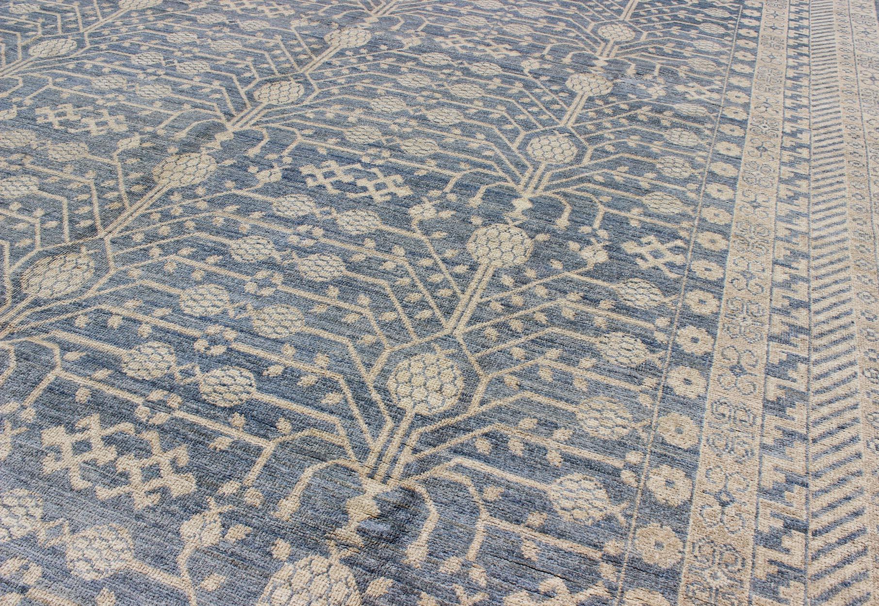 Khotan Design Rug with All-Over Pomegranate Pattern in Blue, Tan & Taupe In Excellent Condition For Sale In Atlanta, GA