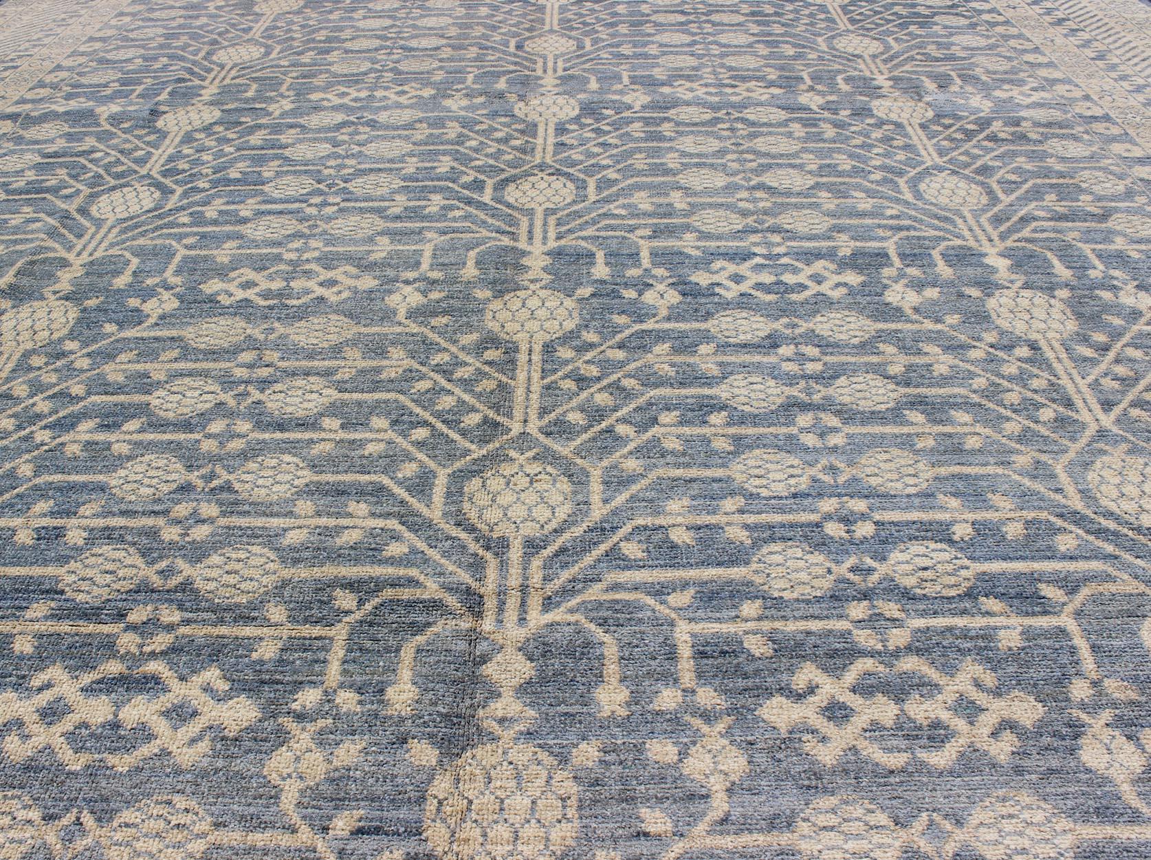 Contemporary Khotan Design Rug with All-Over Pomegranate Pattern in Blue, Tan & Taupe For Sale