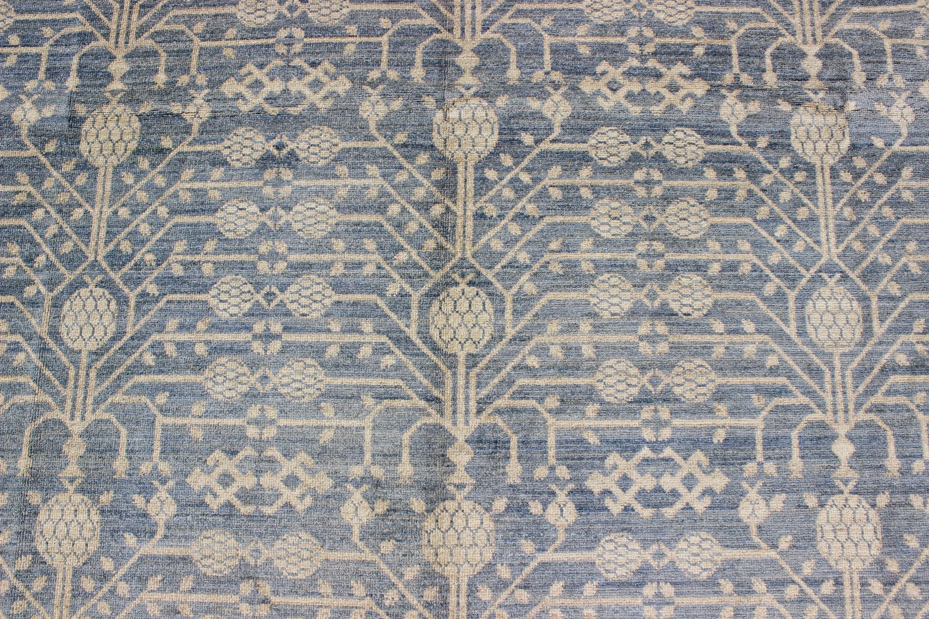 Wool Khotan Design Rug with All-Over Pomegranate Pattern in Blue, Tan & Taupe For Sale