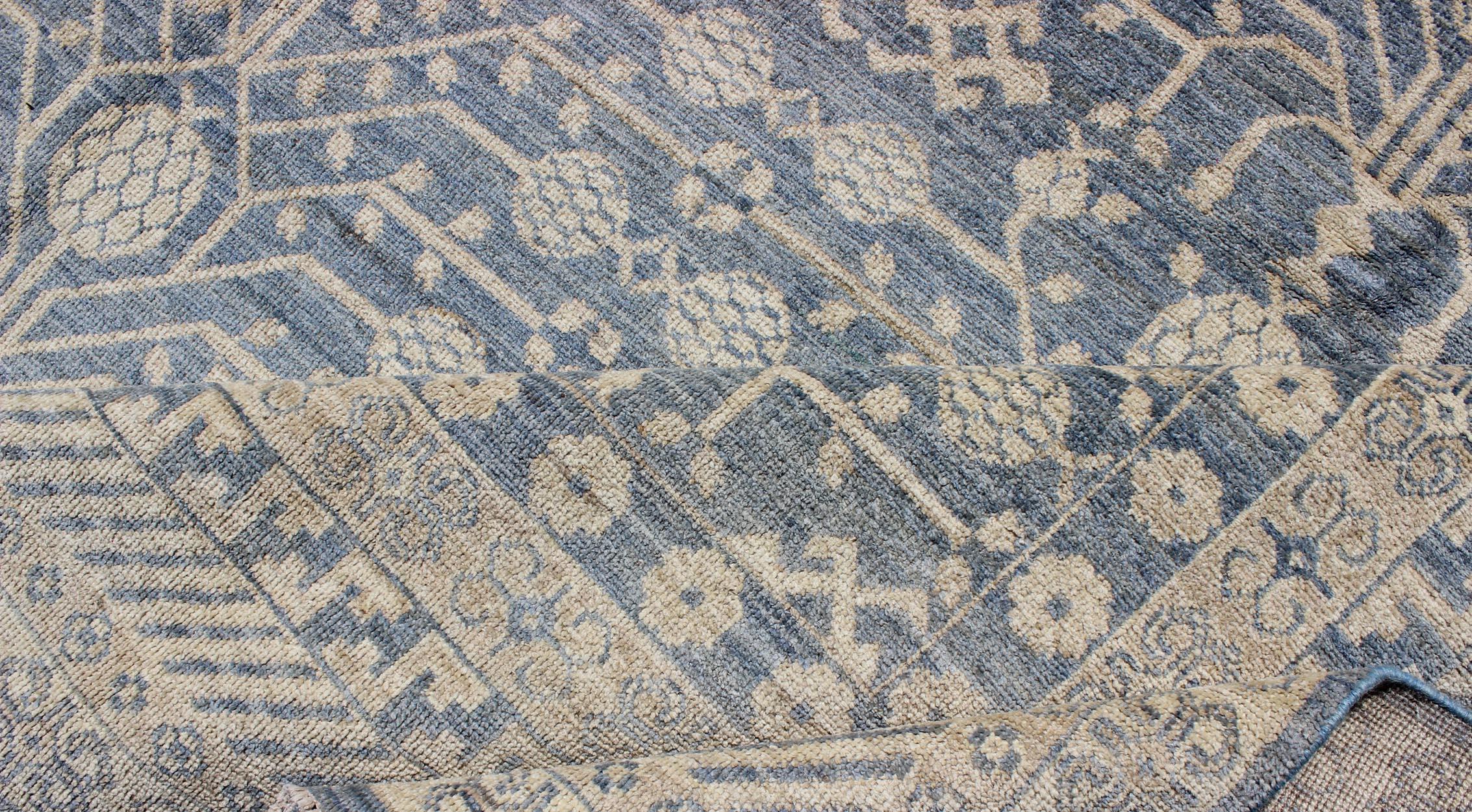 Khotan Design Rug with All-Over Pomegranate Pattern in Blue, Tan & Taupe For Sale 2